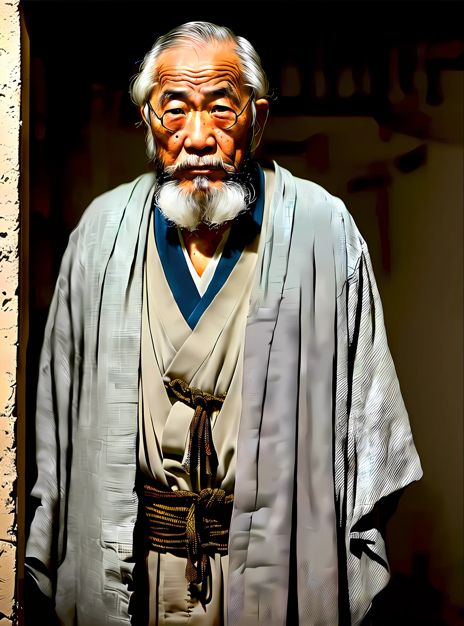 an old Japanese man with a long beard hyper realistic, in a dusty basement with lots of cobwebs in the corners and several inverted crucifixes hanging from the ceiling, image photorealistic