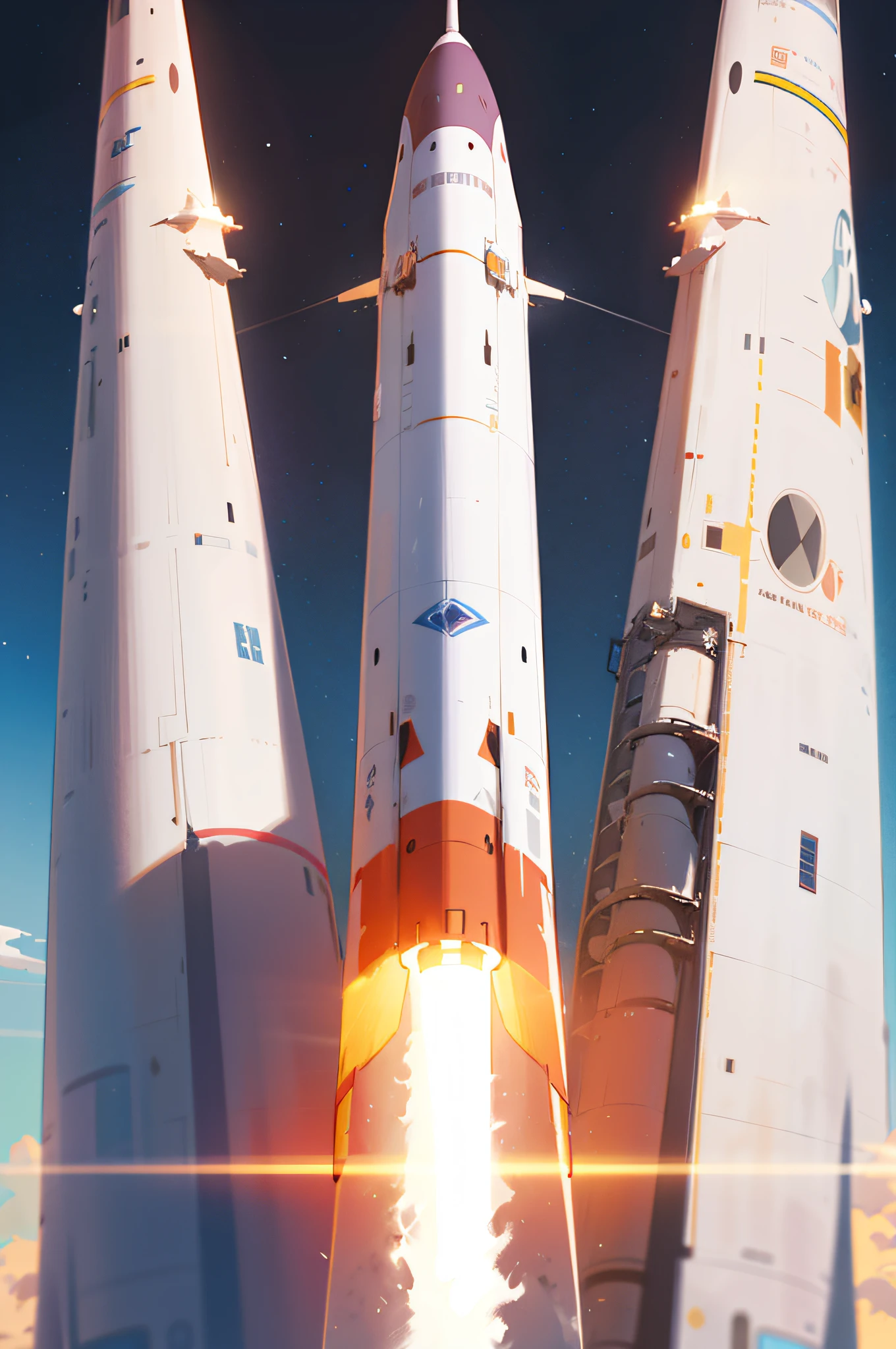 There are rockets that are flying in the sky, in the art style of Filip Hodas, Nicolas Bouvier Sparth, rendered in redshift, inspired by Sparth, Wojtek Fus, 3 D render beeple, inspired by Krenz Cushart, artem demura beeple, atey ghailan 8 k