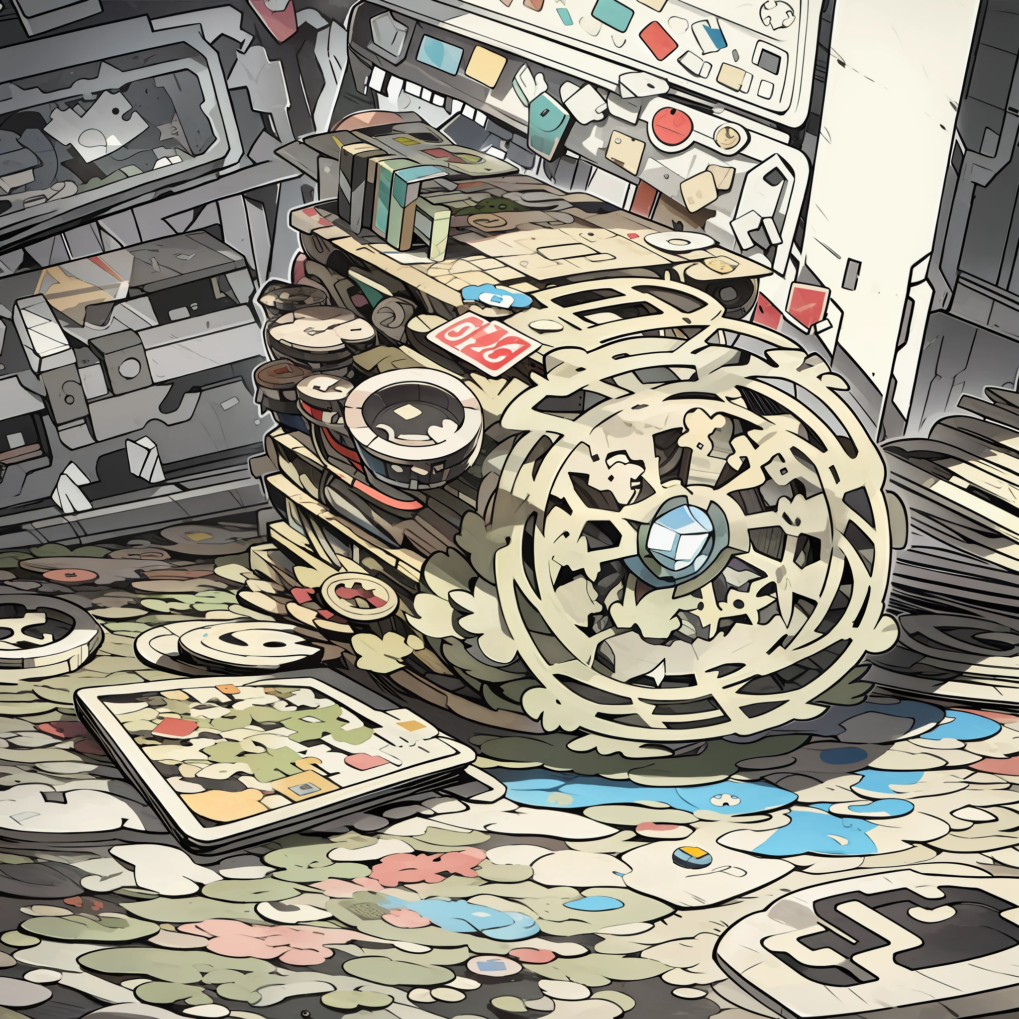 A sticker of a disassembled puzzle: A puzzle or riddle that is disassembled, with its scattered pieces. The sticker stimulates the mind and instigates curiosity about how to solve the mystery and bring all the parts back together.