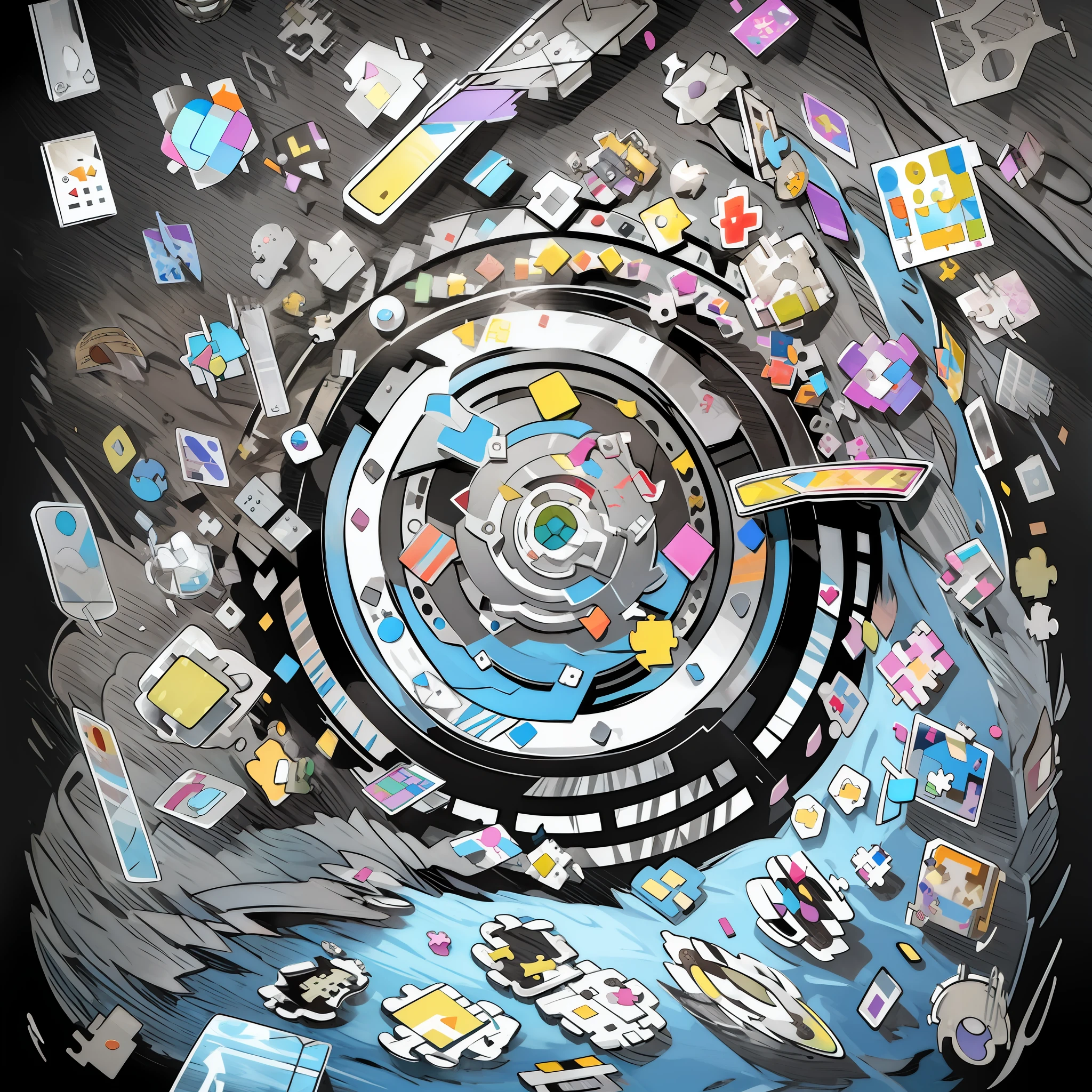 A sticker of a disassembled puzzle: A puzzle or riddle that is disassembled, with its scattered pieces. The sticker stimulates the mind and instigates curiosity about how to solve the mystery and bring all the parts back together.