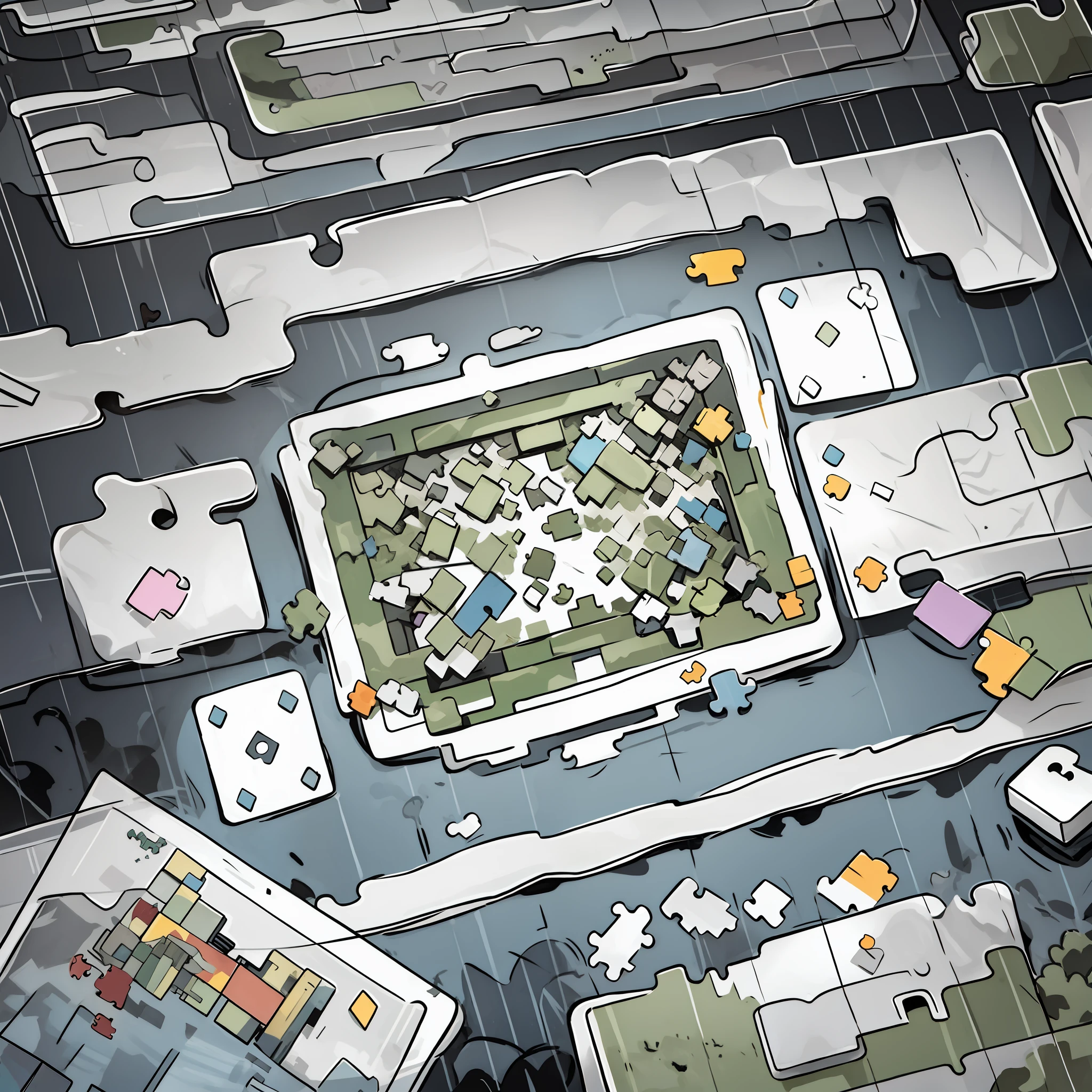 A sticker of a disassembled puzzle: A puzzle or riddle that is disassembled, with its scattered pieces. The sticker stimulates the mind and instigates curiosity about how to solve the mystery and bring all the parts back together.