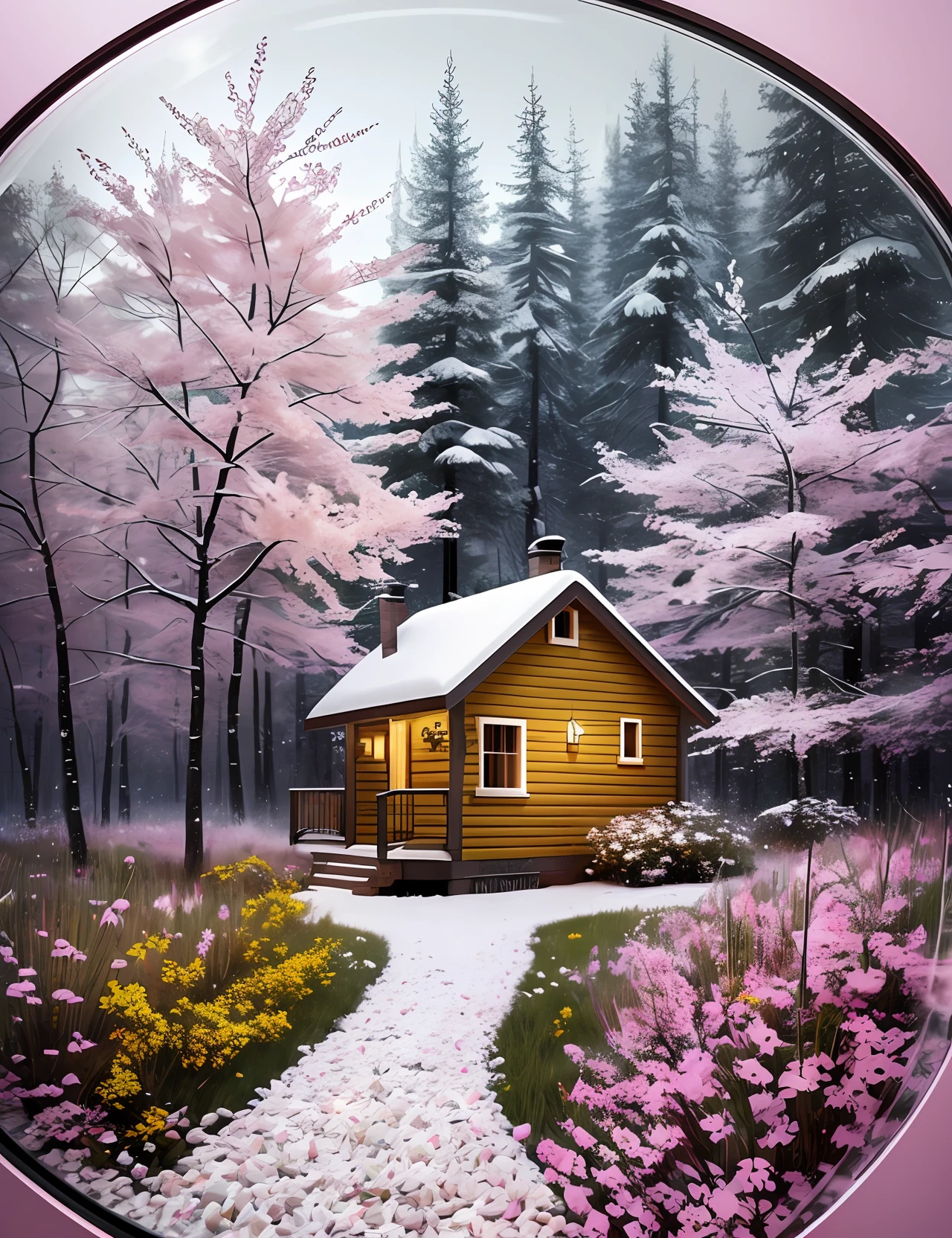 A tiny yellow cabin situated between pink trees where petals fall and lush bushes with a gravel path, inside a snowball, snowglobe art in the style of Jeremy Mann, ultra realism, realistic, HD --auto --s2