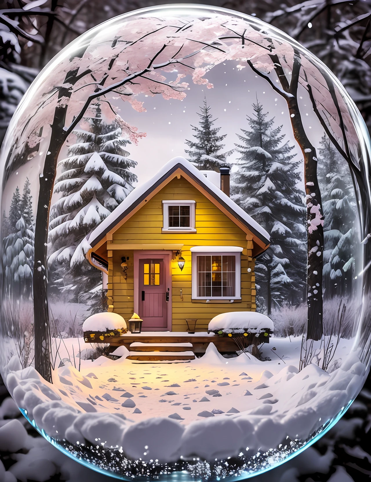 A tiny yellow cabin situated between pink trees where petals fall and lush bushes with a gravel path, inside a snowball, snowglobe art in the style of Jeremy Mann, ultra realism, realistic, HD --auto --s2