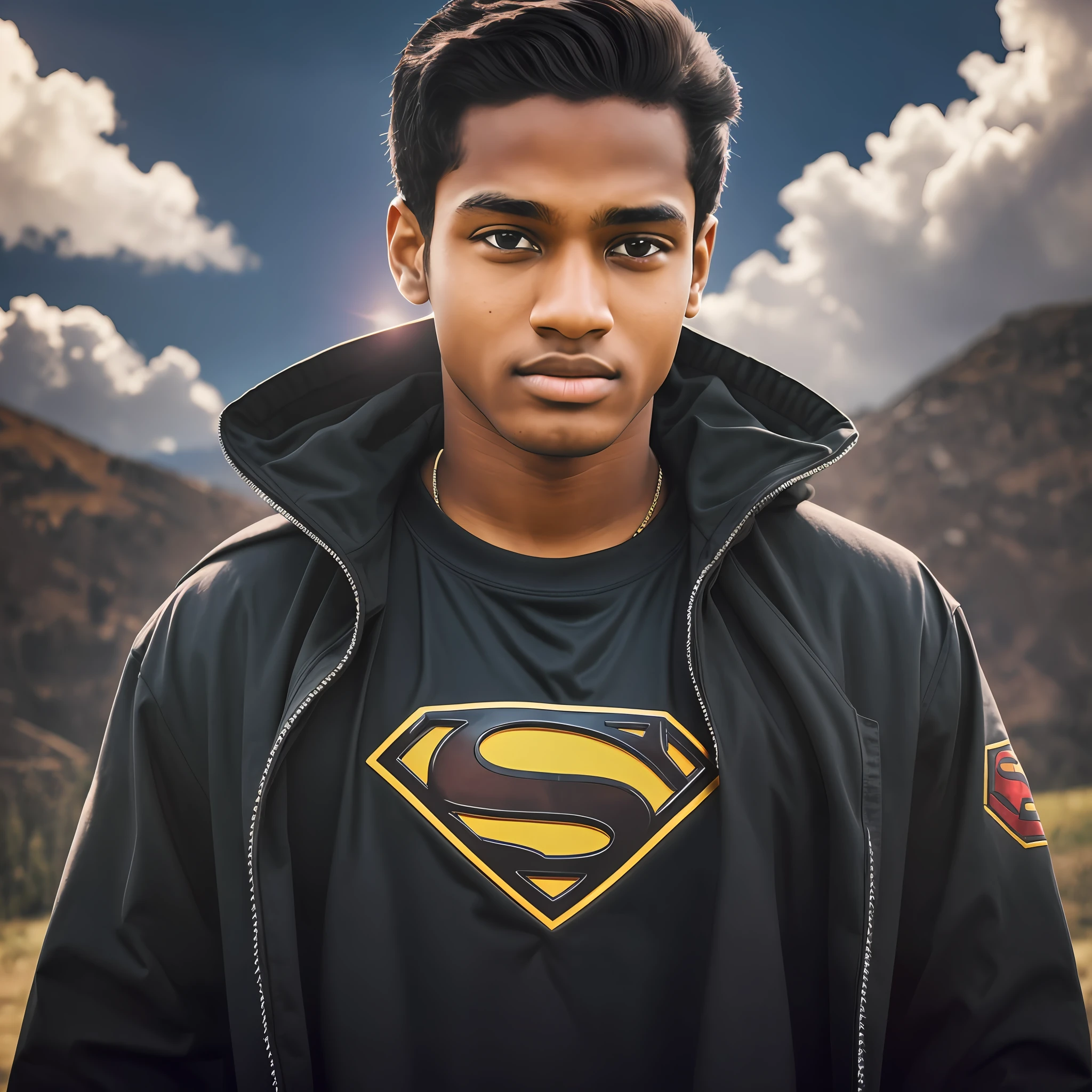 "17-year-old brown-skinned teenager wearing a black coat and a T-shirt with the Superman logo on it in high quality and full resolution," --auto --s2