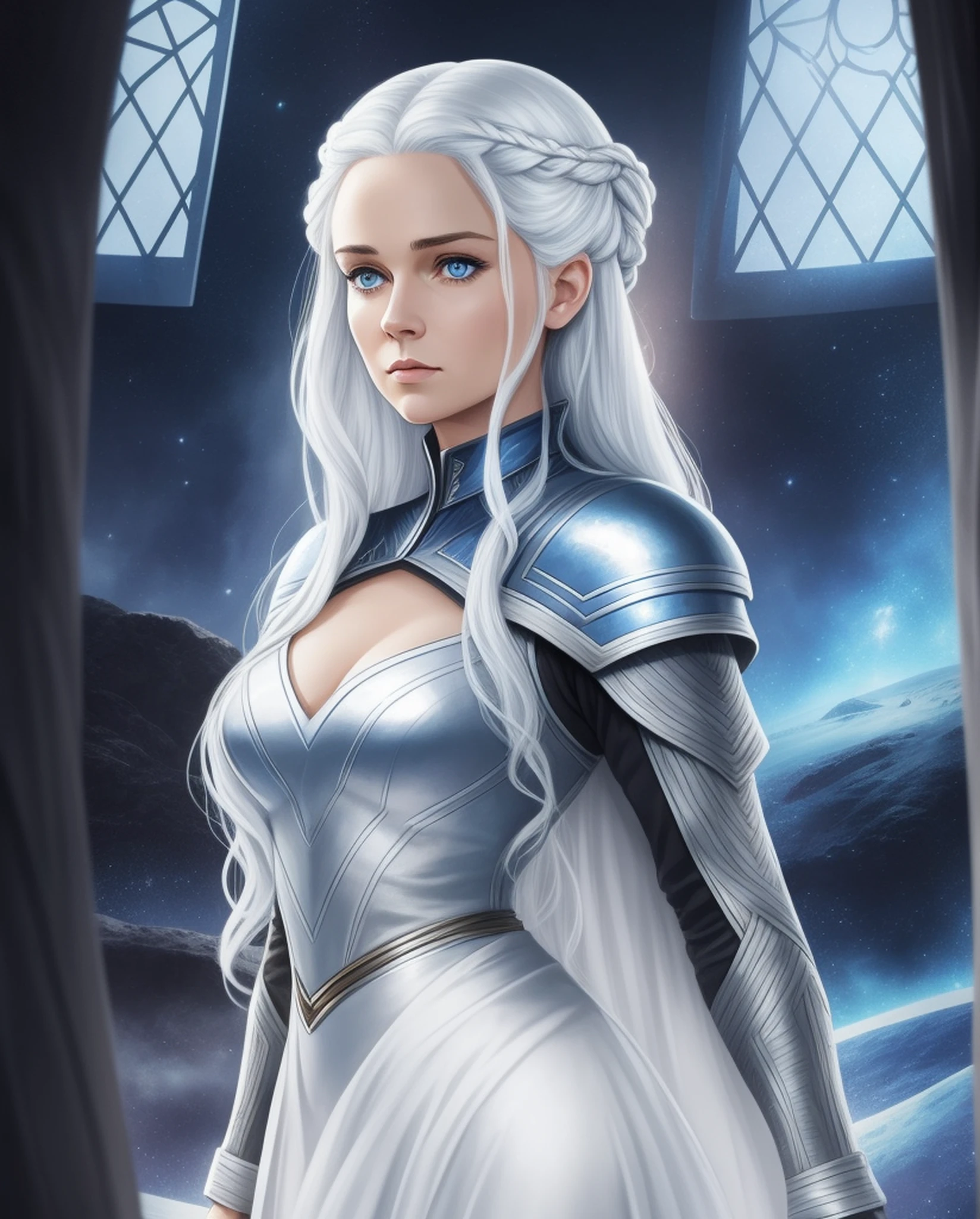 A digital photograph of a woman with dark blue eyes, in startrek film, Game of Thrones wallpapers, cartoon image, computer drawing, of a woman, silver white hair, imperious, webtoons, light look
