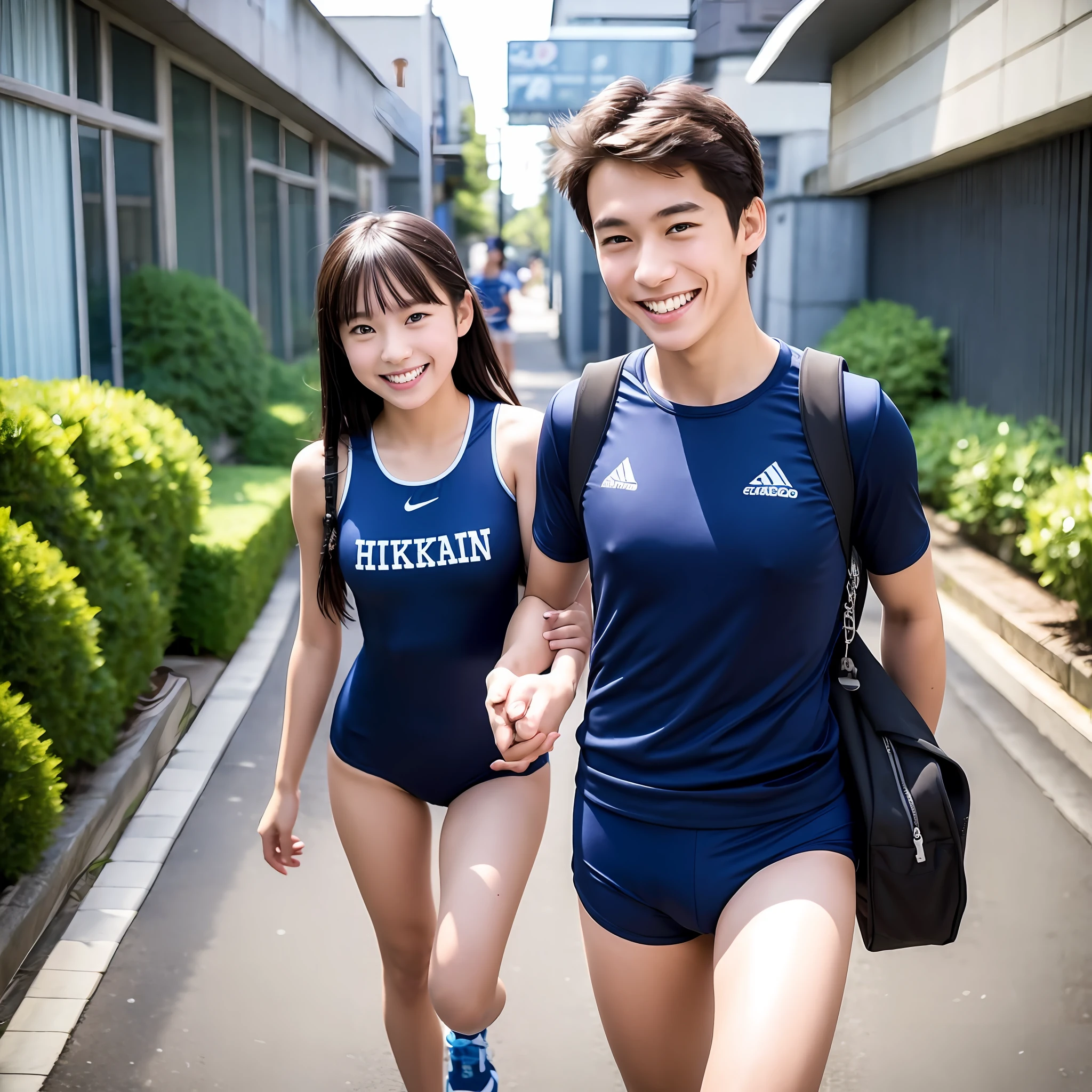 Girl in dark blue high leg school swimsuit, , smiling, boy in gym clothes, holding hands, holding student bag, walking, Japan residential area --auto --s2