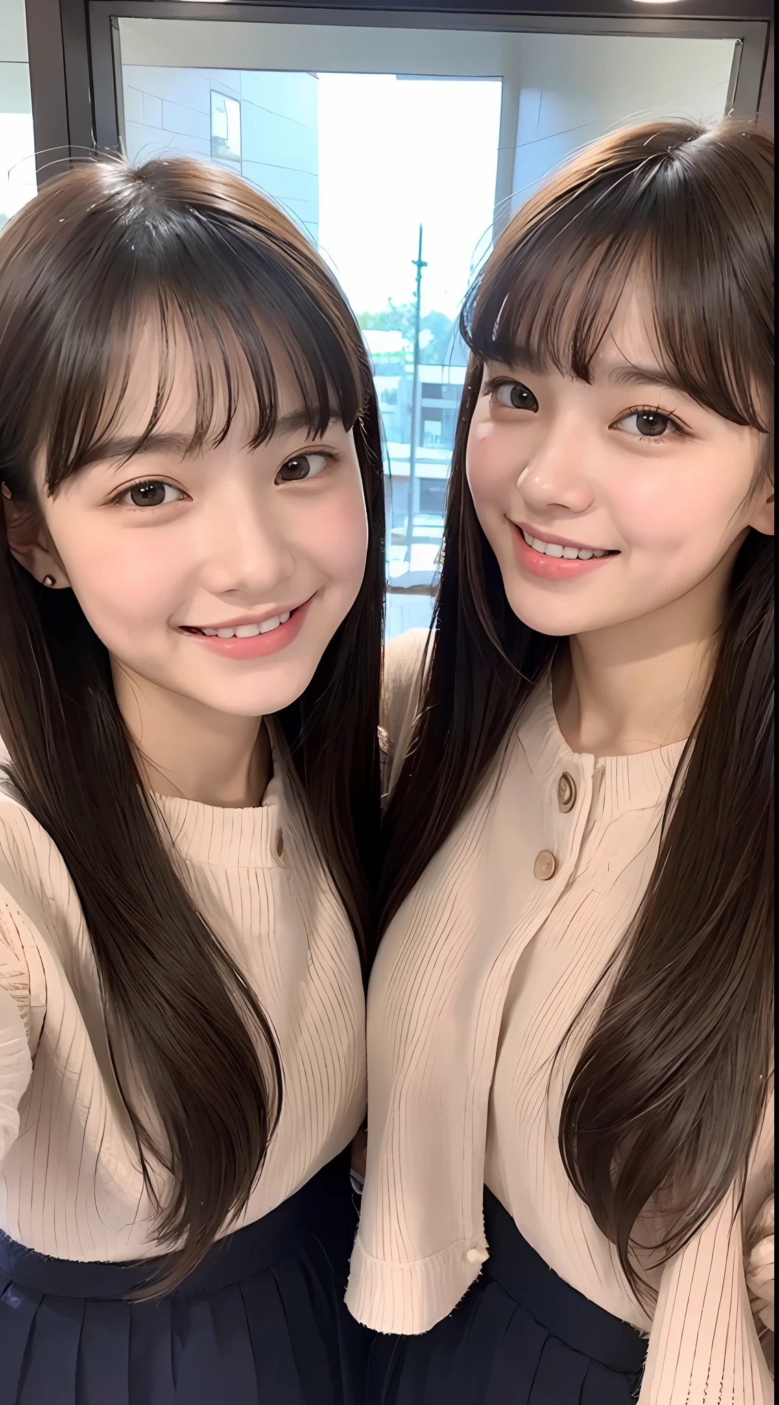 Identical twin sisters, , bangs, smile