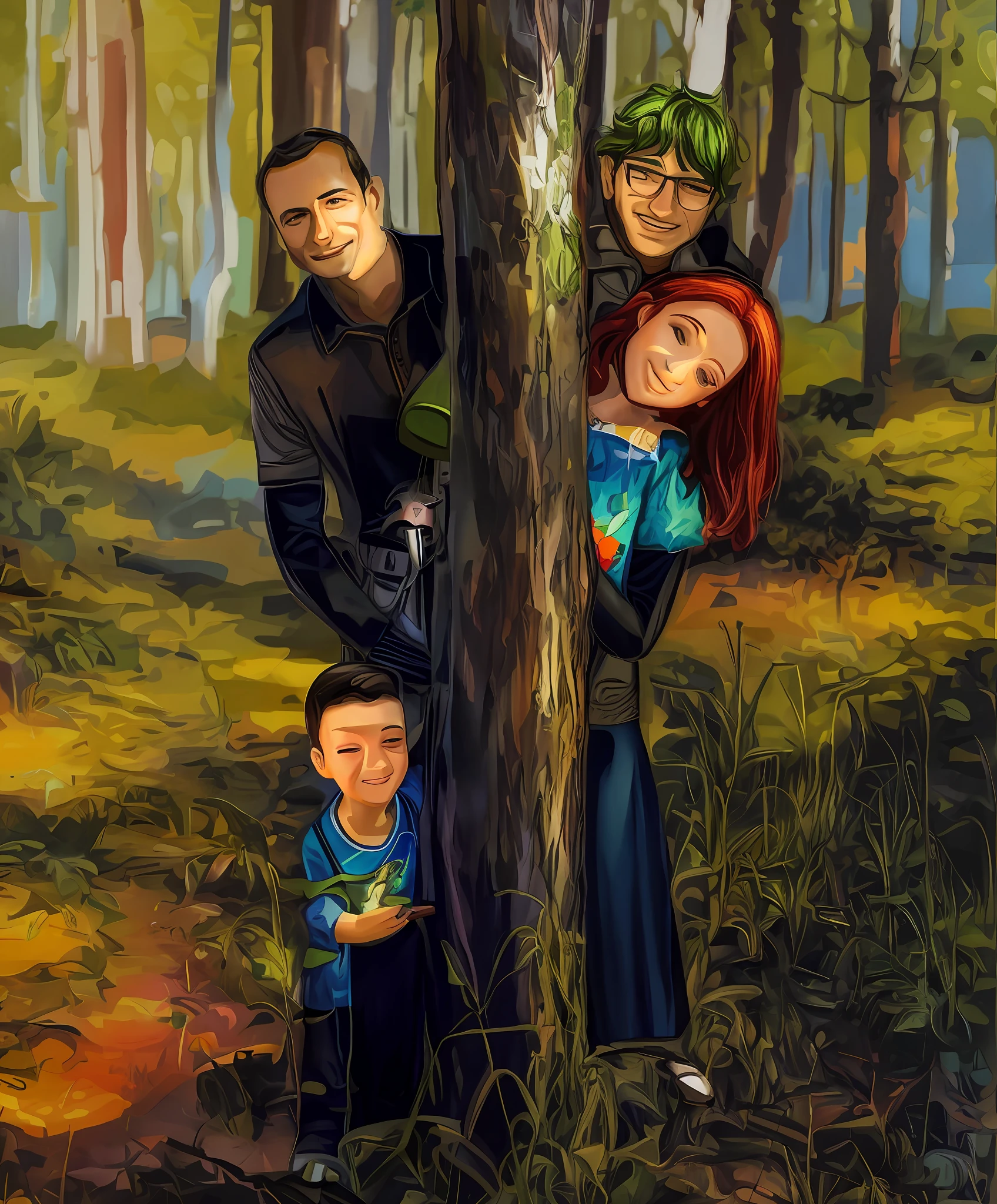 painting of a family standing in a forest with a tree, cartoon digital painting, cartoon digital art, digital cartoon painting art, digtial painting, family portrait, digital art cartoon, cartoon art, digital art!!, enviromental portrait, tree's, painted digital art, vertical portrait, digital art picture, cartoon painting, airbrush digital oil painting