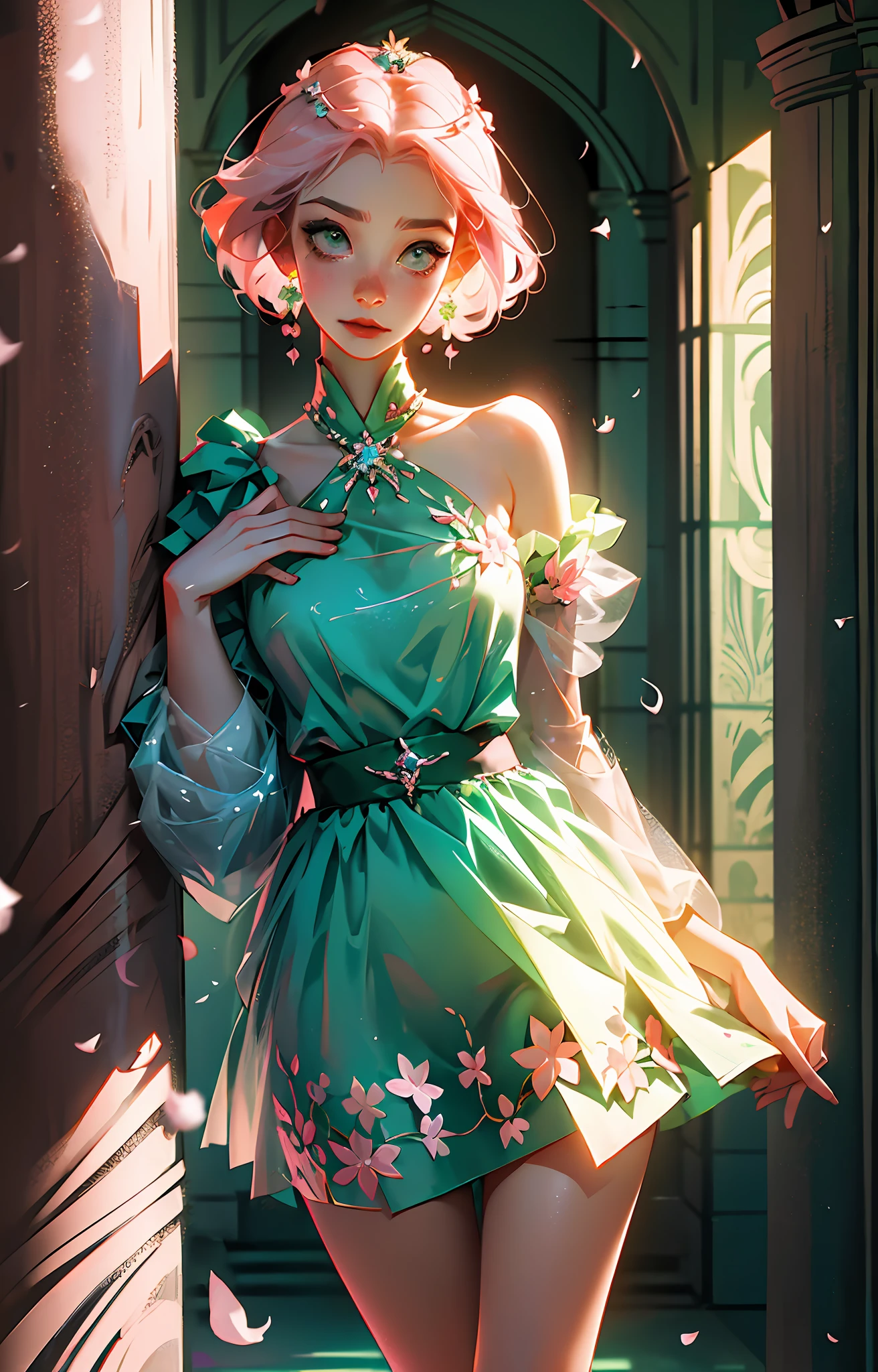 Sakura haruno, ((solo)), alone, princess, wearing a green princess dress, queen, happy, ((forehead to show)), standing, entering the church, pink hair, short hair, delicate, young, short hair, detailed face, high definition, ((full body)), (flowers around her), full body, she is a beautiful woman, face with high quality, beautiful, radiant, pastel tones, high definition, pastel shades, delicacy, sakura haruno, sakura, pastel tones