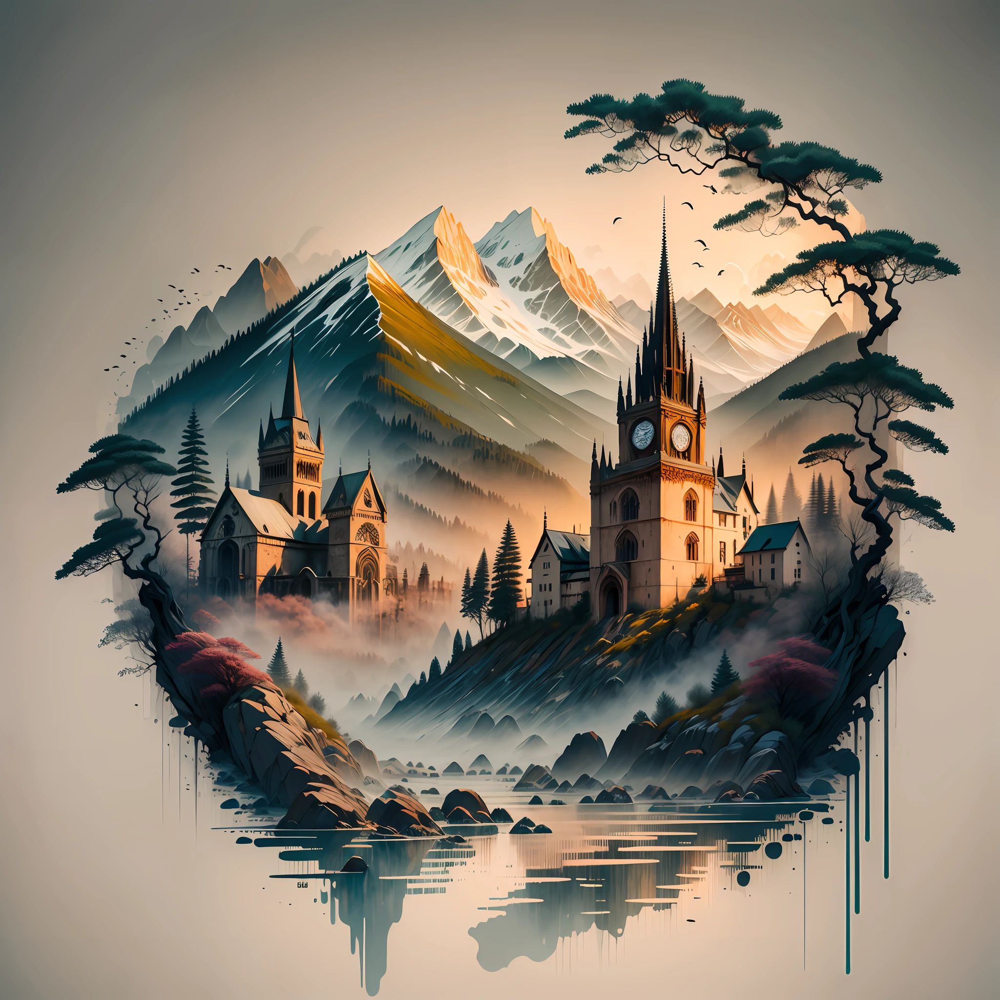 ((master piece)), best quality, (8k, best quality, masterpiece:1.2), ultra-detailed, a 13th century gothic cathedral on a mountain overlooking a village and a lake,
