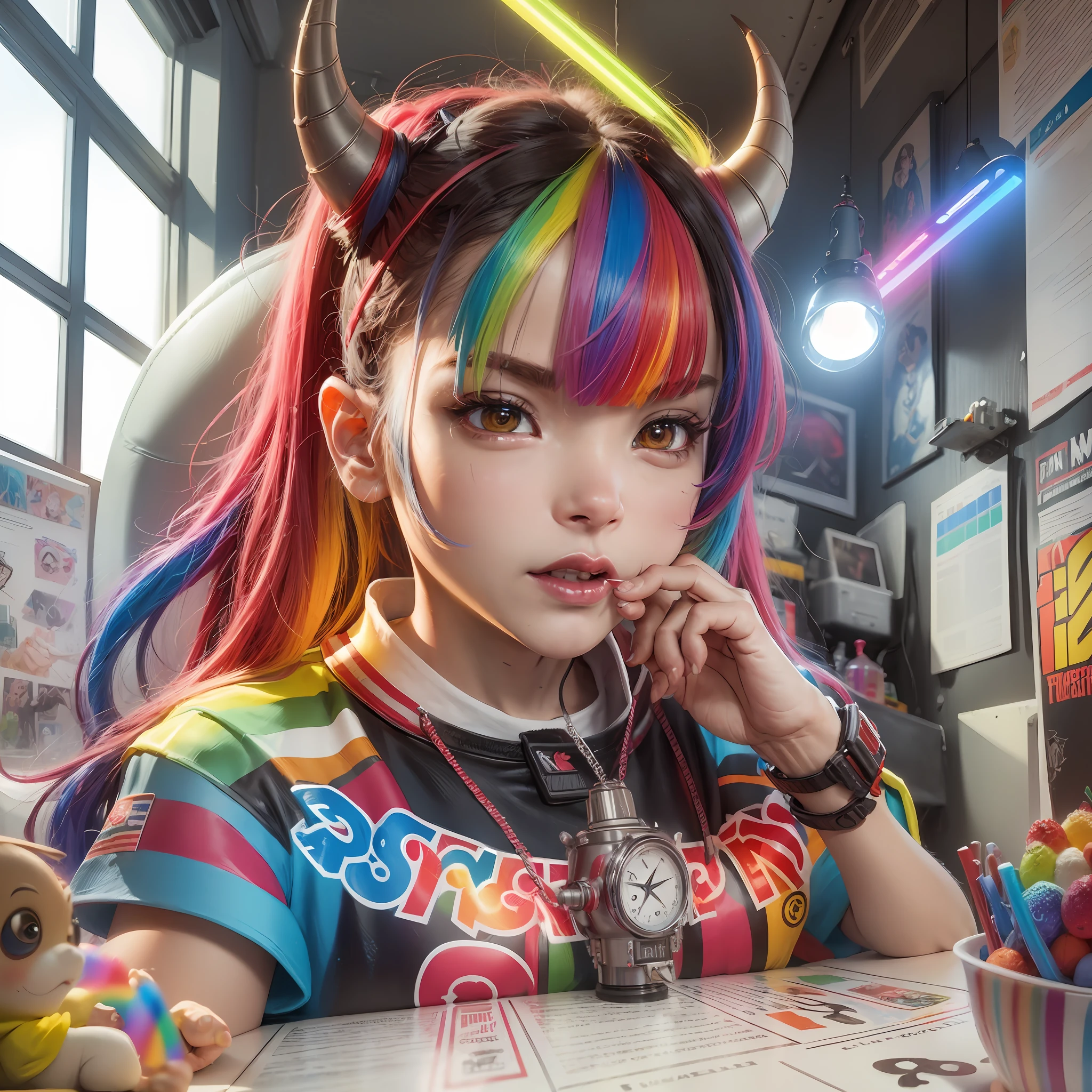 create a rocket, character, small, devil horn, cute, boy, colorful, bright colors, 6ix9ine, rainbow, Devian Art, Trending Artstation, Digital Art, Detailed, realistic, humanoid, character, NFT, Cinematic Sho, cinematic lights --auto --s2