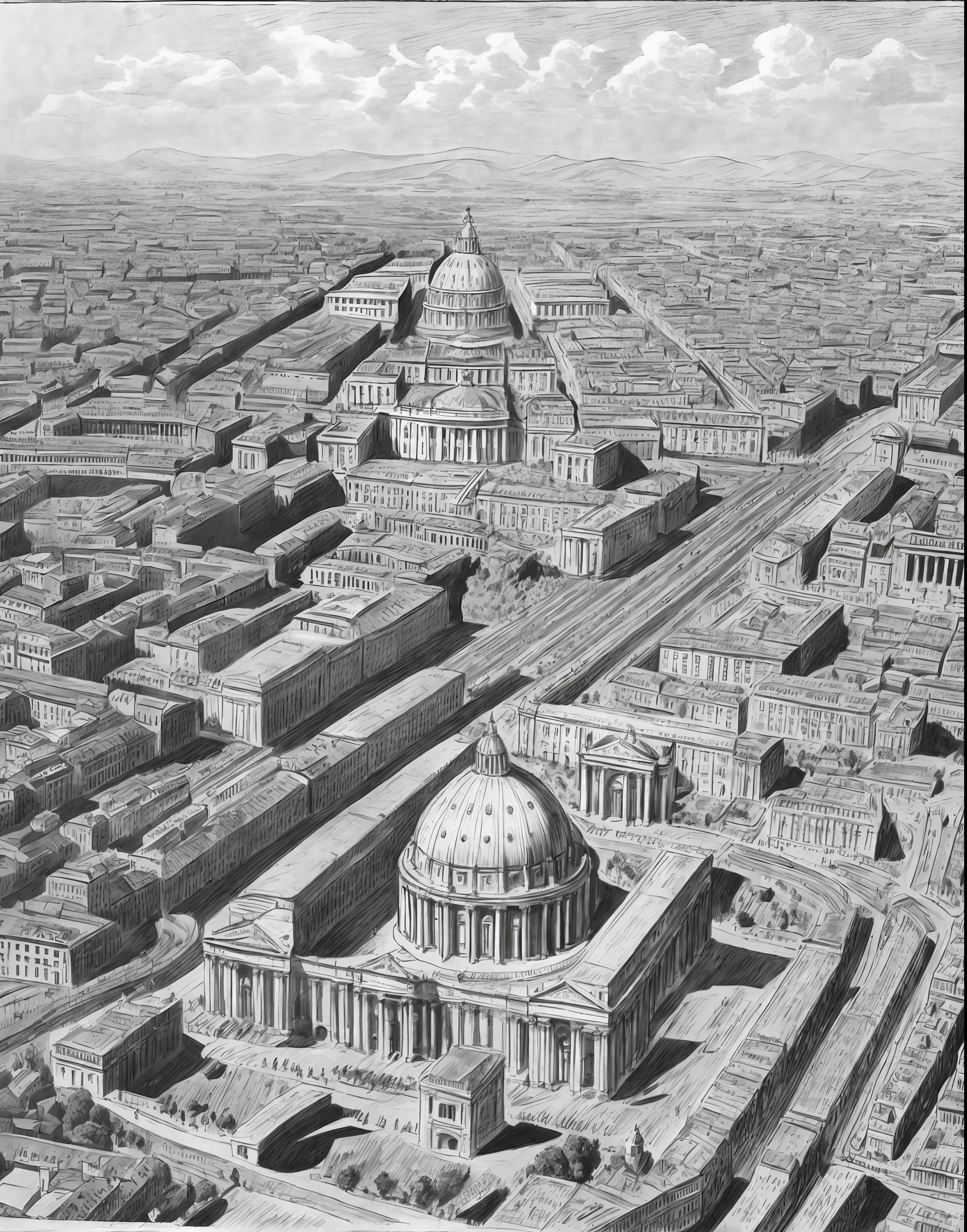 Artistic pencil drawing of the Vatican in 1760 black and white