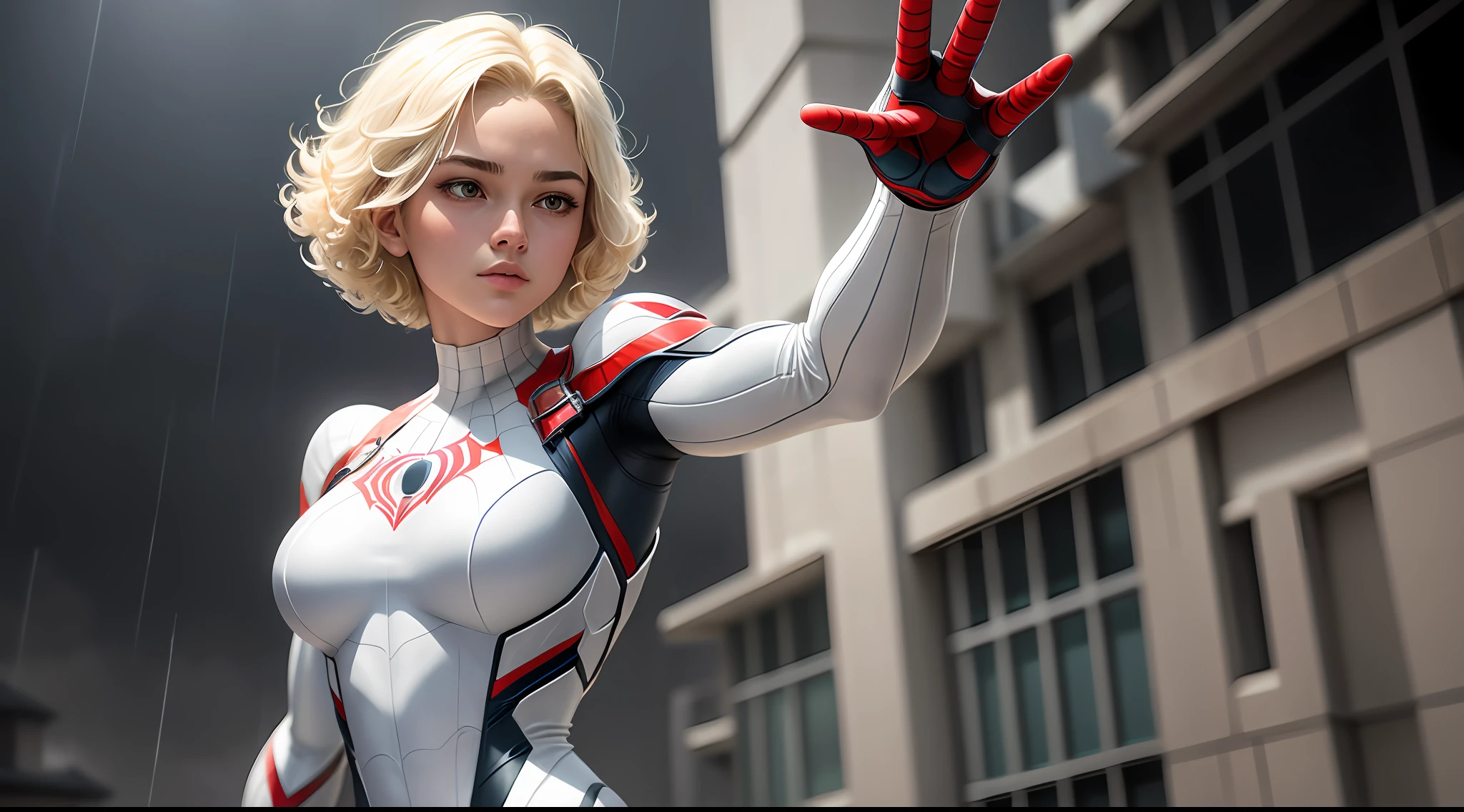 18 years old girl, white Spider-Man suit, short curly hair, blonde hair, beautiful face, rain, roof, masterpiece, exquisite details, perfect anatomy, fighting stance