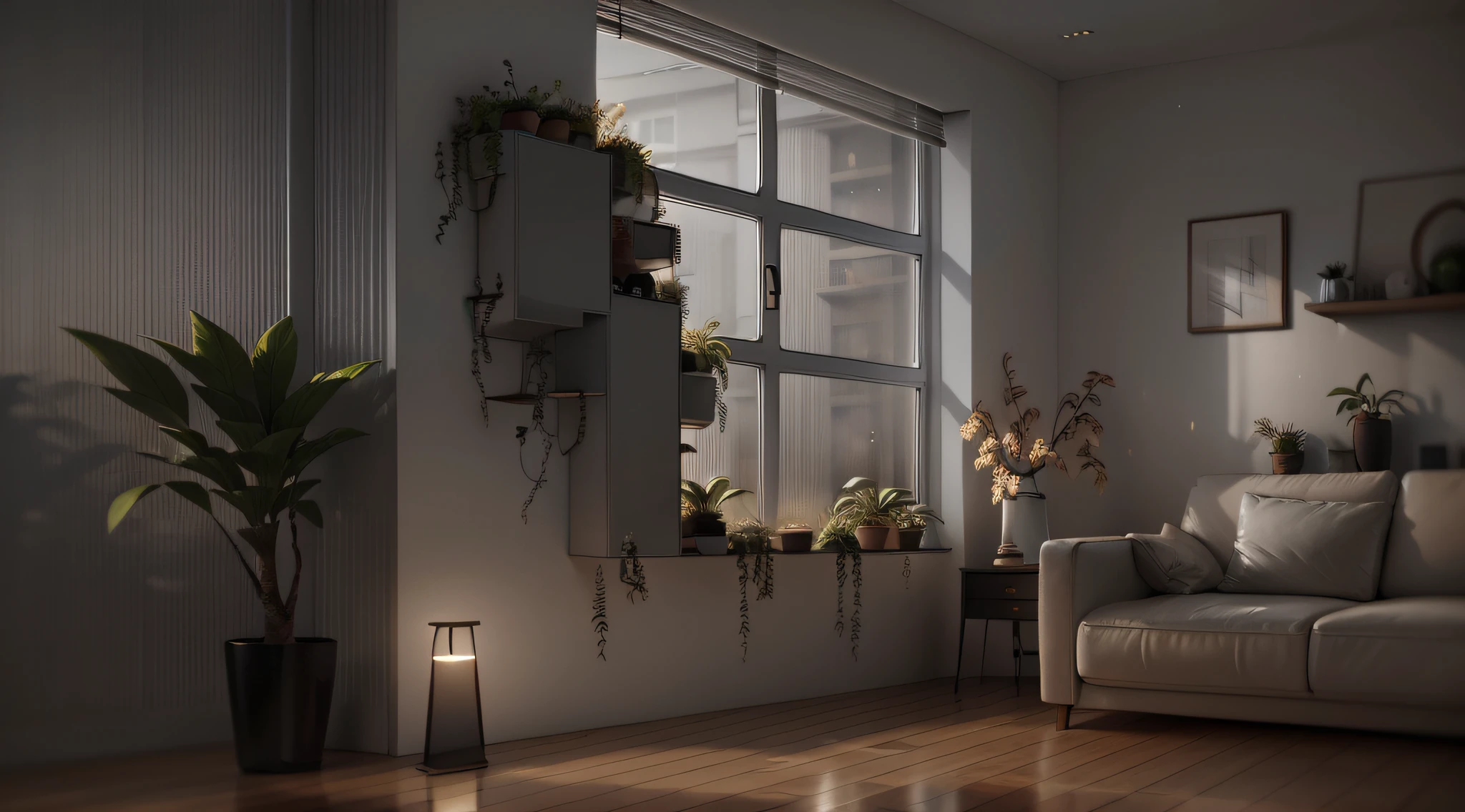 maximum quality, photorealism, 8k, film, high resolution, indoor, view from below, small rustic living room with low lighting with rainy afternoon outside, (rainy and foggy afternoon: 1.2), southeast pacific, (medium lighting: 1.2), (dim lighting: 0.9), plants, large plants, rainy, monstera, many plants, (foggy windows:1.2), pictures on the wall, wall with light texture, masterpiece, best quality,  twilight hour, (afternoon:1.4), rainy afternoon, before sunset, general plan, medium depth of field, lomography, maximum quality, beautiful, masterpiece, photorealism, 8k, realistic texture of high resolution, grain of film, Shot on a Canon EOS-1D X Mark III, 50mm lens, F/2.8, sharp focus