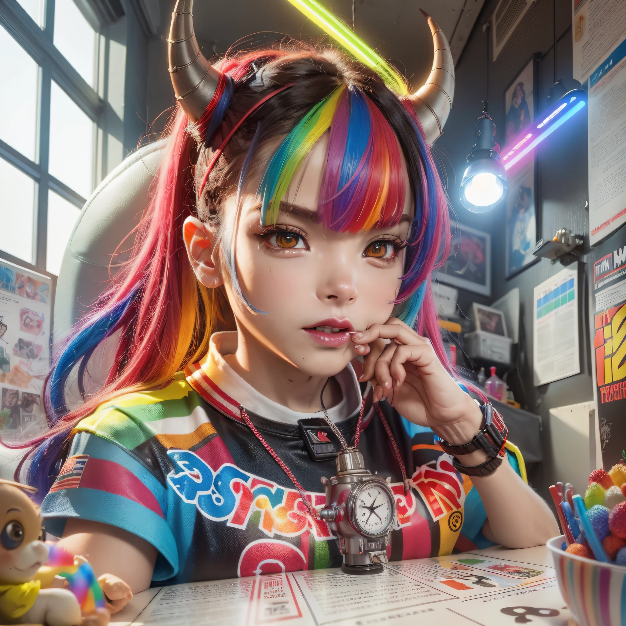 create a rocket, character, small, devil horn, cute, boy, colorful, bright colors, 6ix9ine, rainbow, Devian Art, Trending Artstation, Digital Art, Detailed, realistic, humanoid, character, NFT, Cinematic Sho, cinematic lights --auto --s2