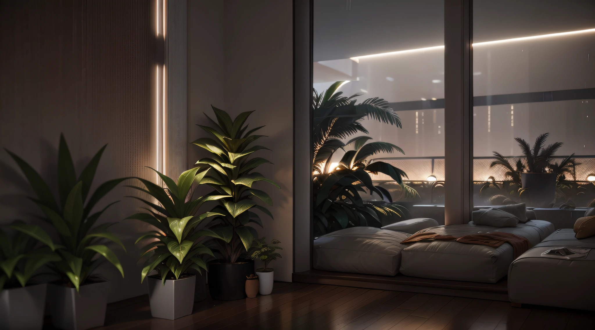 maximum quality, photorealism, 8k, film, high resolution, indoor, view from below, small rustic living room with low lighting with rainy afternoon outside, (rainy and foggy afternoon: 1.2), southeast pacific, (medium lighting: 1.2), (dim lighting: 0.9), plants, large plants, rainy, monstera, many plants, (foggy windows:1.2), pictures on the wall, wall with light texture, masterpiece, best quality, twilight hour, (afternoon:1.4), rainy afternoon, before sunset, general plan, medium depth of field, lomography, maximum quality, beautiful, masterpiece, photorealism, 8k, realistic texture of high resolution, grain of film, Shot on a Canon EOS-1D X Mark III, 50mm lens, F/2.8, sharp focus