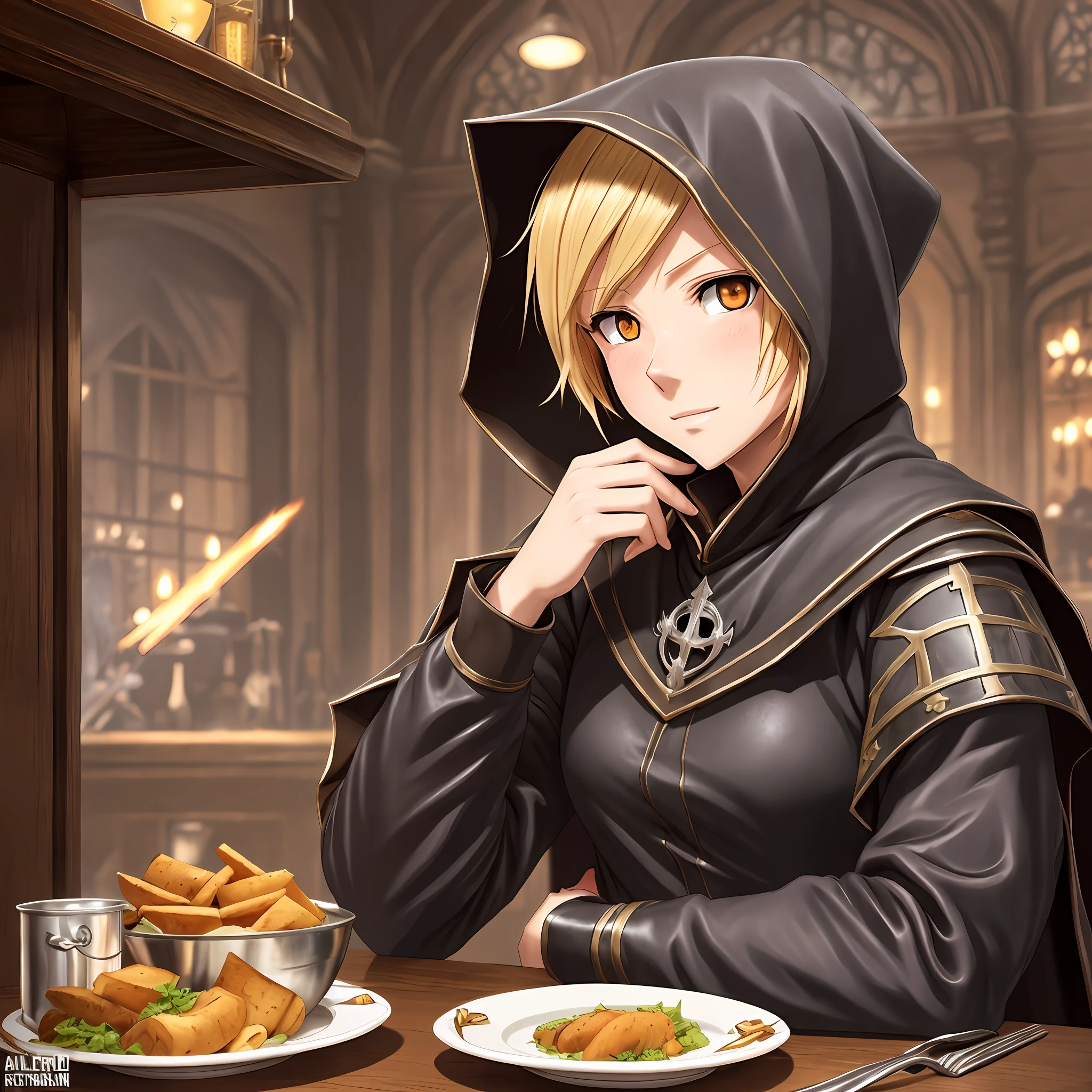 (Anime), pov, clementine \(overlord\), red eyes, small pupils, correct hands, Blond hair, short hair, solo, (official art), absurdres, high resolution, depth of field, illustration, upper body, cloak, hood, armor, midriff, (sinister tone), (medieval tavern setting), table, (detailed background), (malicious intent), sitting at table, elbows on table, --auto --s2