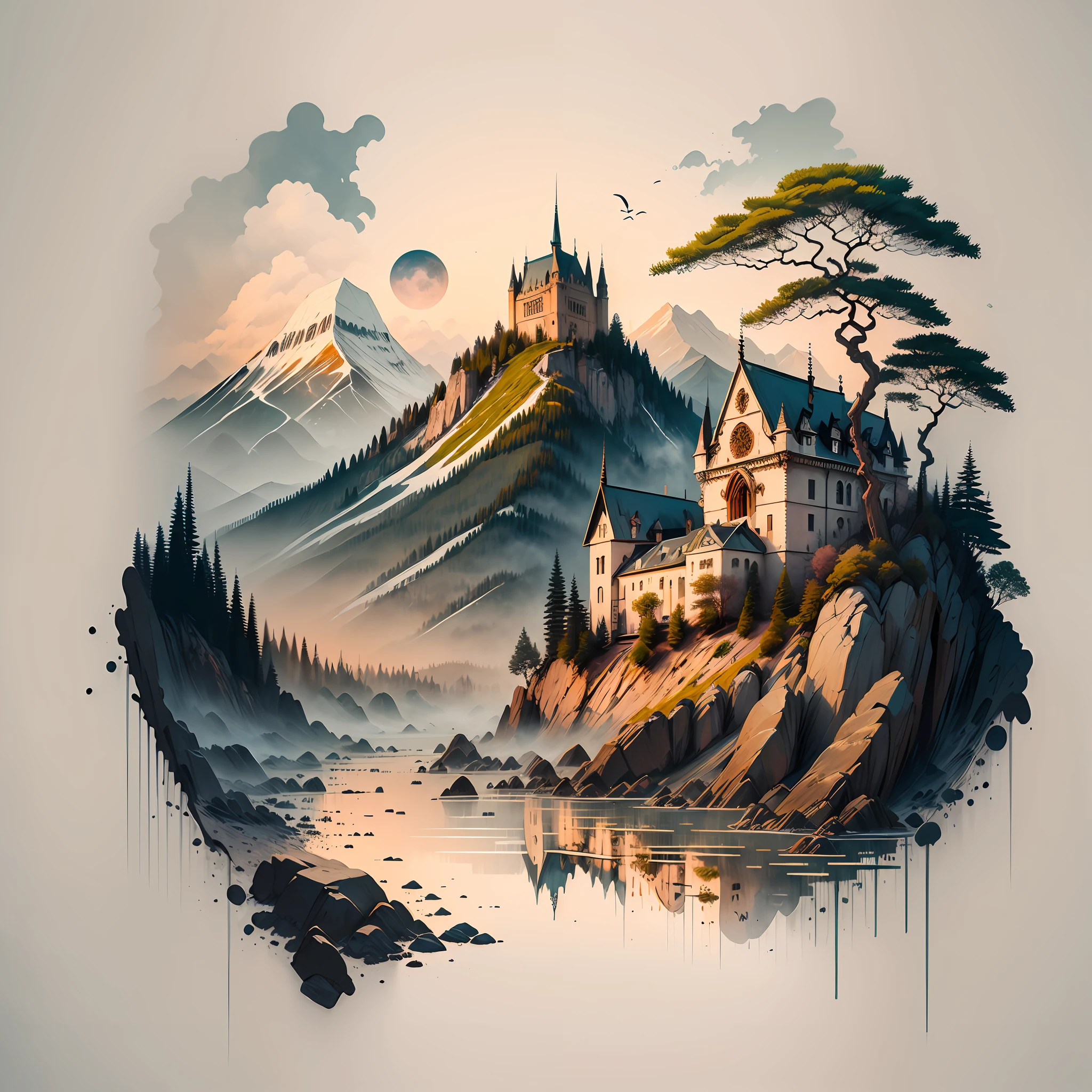 ((master piece)), best quality, (8k, best quality, masterpiece:1.2), ultra-detailed, a 13th century gothic cathedral on a mountain overlooking a village and a lake,