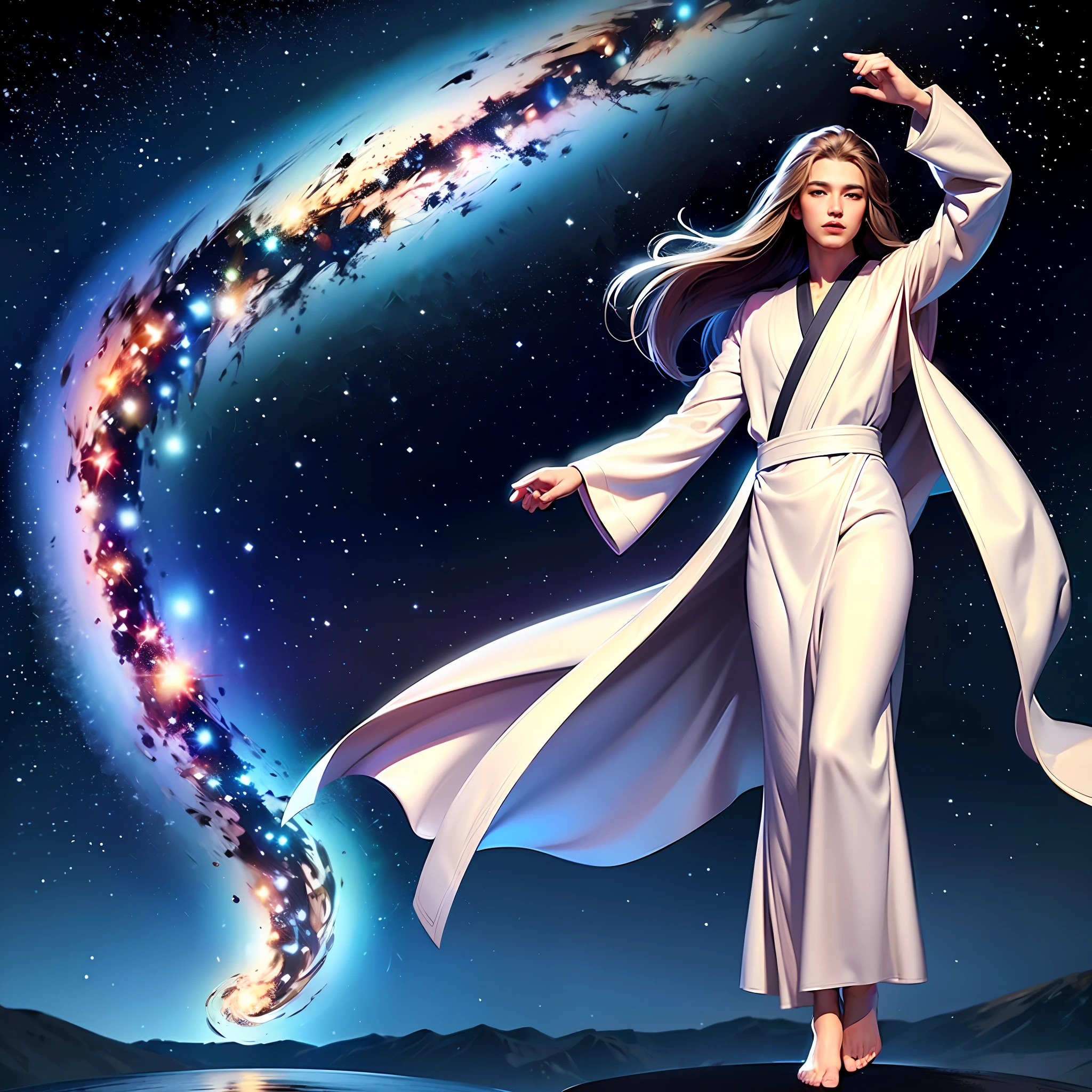 Top quality, masterpiece, beauty boy, ((1 boy)))), (22 years old: 1.2), (galaxy: 1.2), stars\(sky\), (night sky: 1.4), (Earth \ (planet \))))), detailed sky, night, (model: 1.6), long hair, ((Hanf)), white robe, ((floating in space)), fly, float、、、