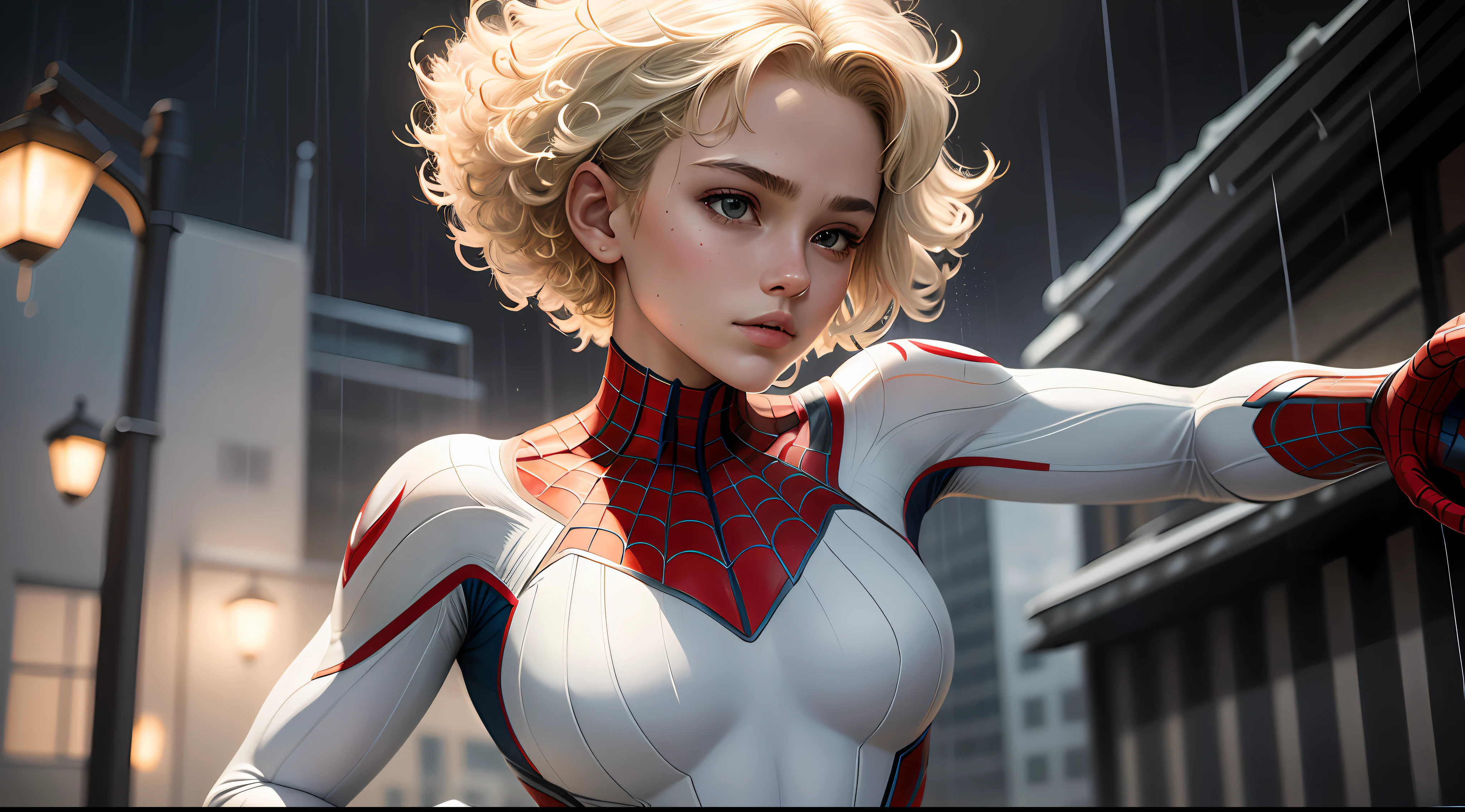 18 years old girl, white Spider-Man suit, short curly hair, blonde hair, beautiful face, rain, roof, masterpiece, exquisite details, perfect anatomy, fighting stance