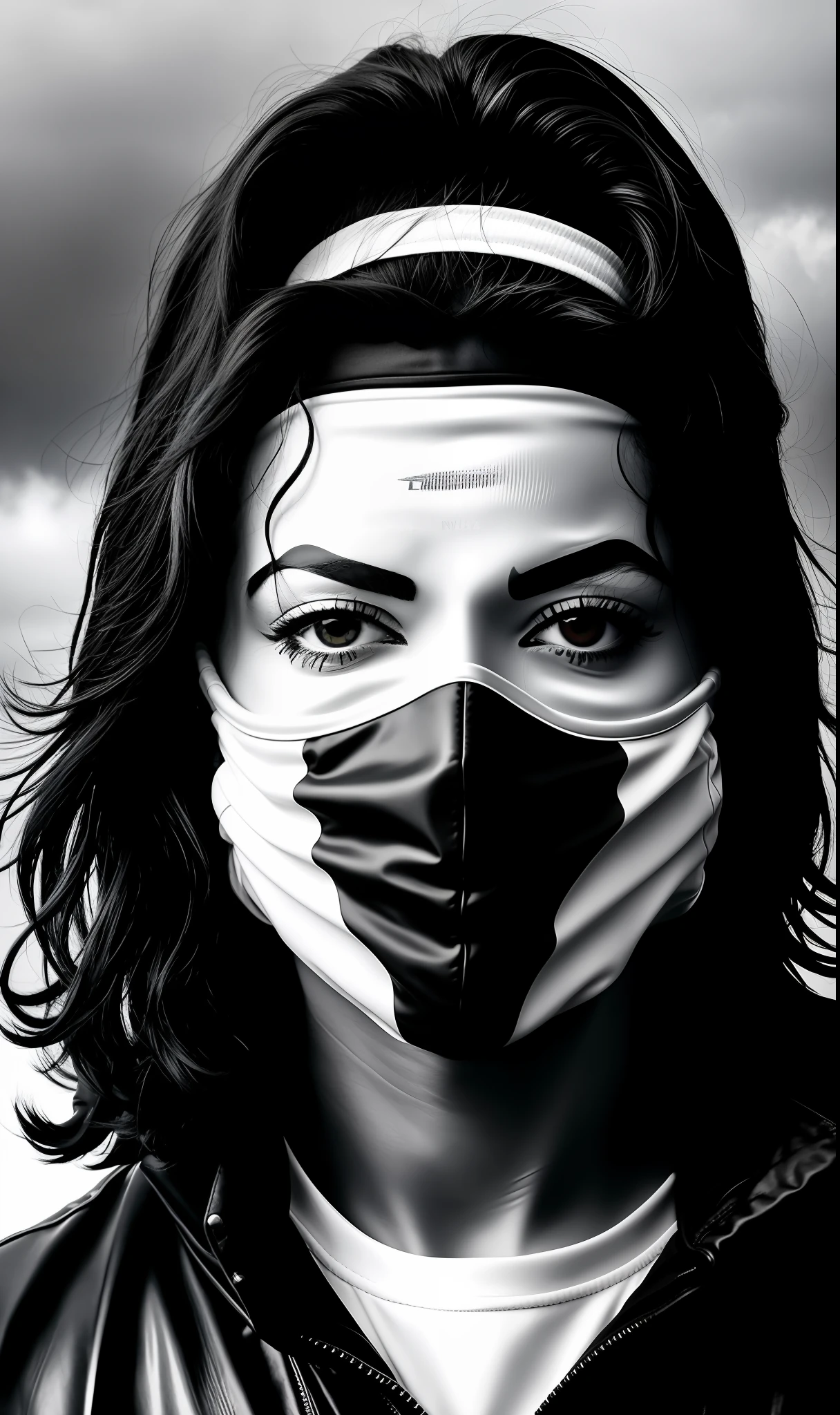 black and white photo of Michael Jackson masked frent, covering everything, without showing face in silver neon black clothes, face, half body, body, highly detailed skin with futuristic details, skin pores, coastline, dark cloudy weather black rays, wind, waves, 8k uhd, Dslr, soft lighting, high quality, film grain, Fujifilm XT3