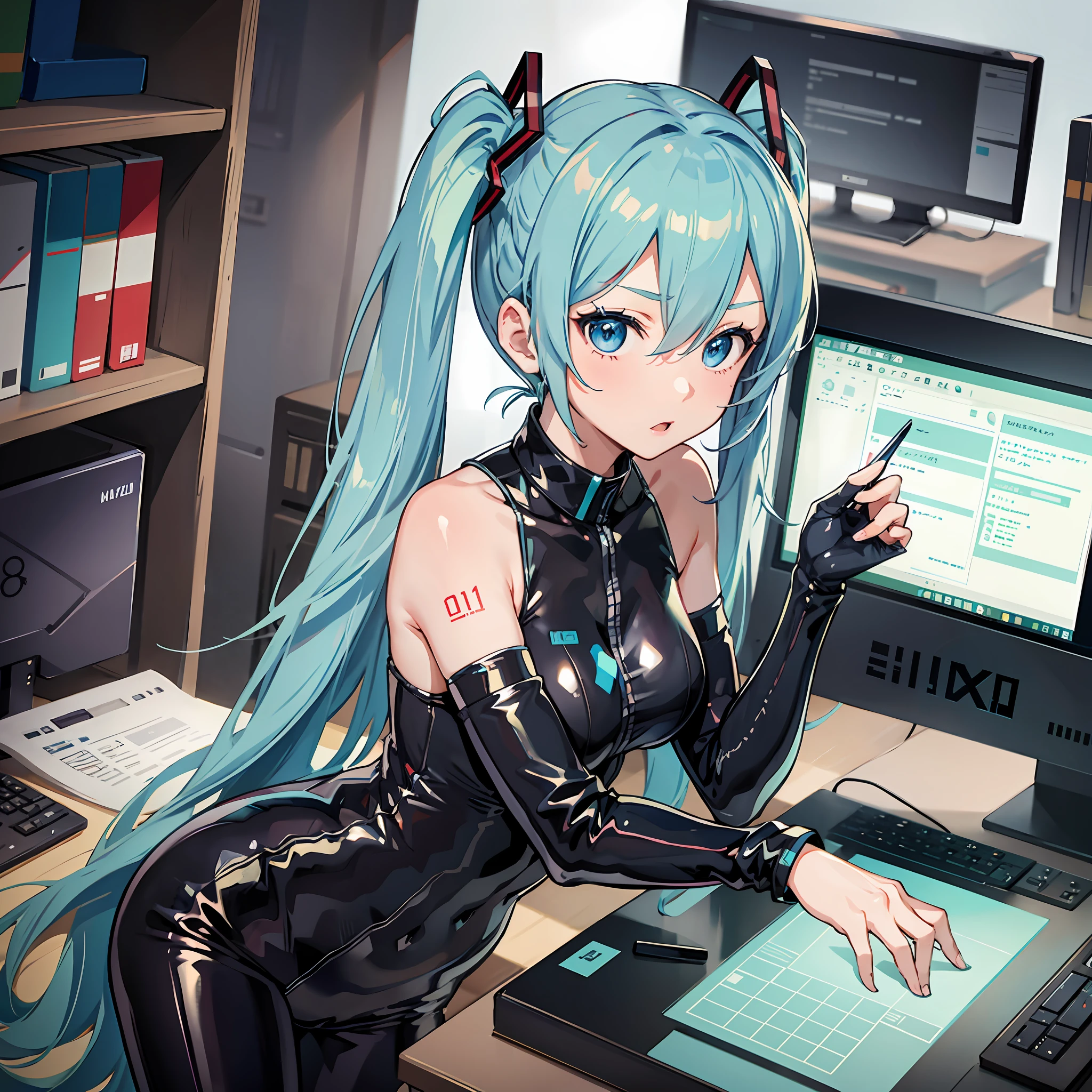 Hatsune miku, blue hair, blue suit, latex pants, agent outfit, dynamic pose, looking forward, aldulta, serious, blue eyes, Inside an office.