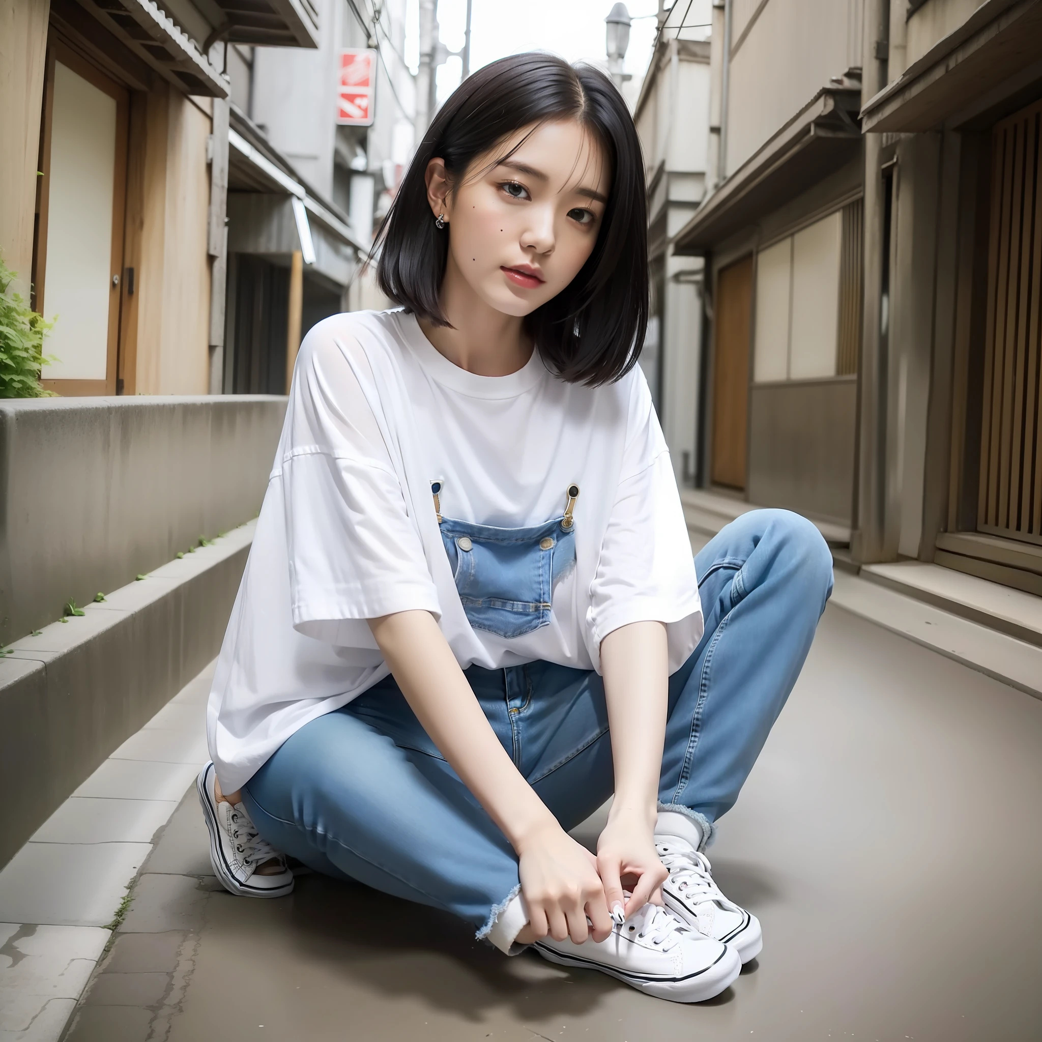 Photorealistic, High Resolution, 1 Girl, Black Hair,Japan Persons, White Y-shirt,Shirt, Jeans,Short Hair,Vintage Jeans,VANS Sneakers,1 Mole