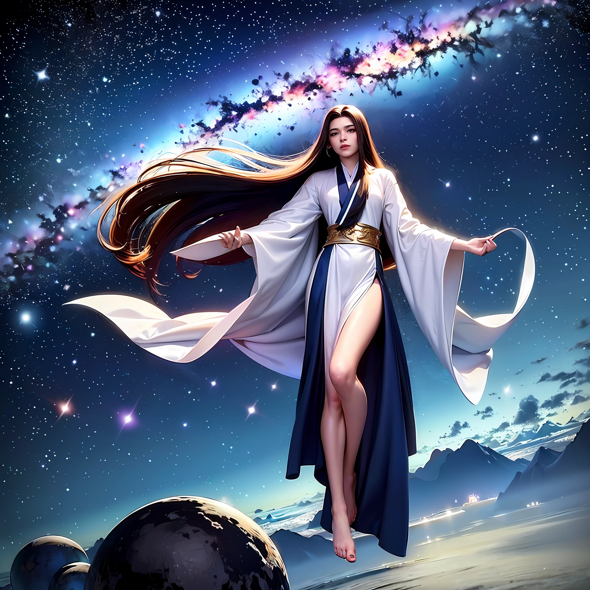 Top quality, masterpiece, beauty boy, ((1 boy)))), (22 years old: 1.2), (galaxy: 1.2), stars\(sky\), (night sky: 1.4), (Earth \ (planet \))))), detailed sky, night, (model: 1.6), long hair, ((Hanf)), white robe, ((floating in space)), fly, float、、、