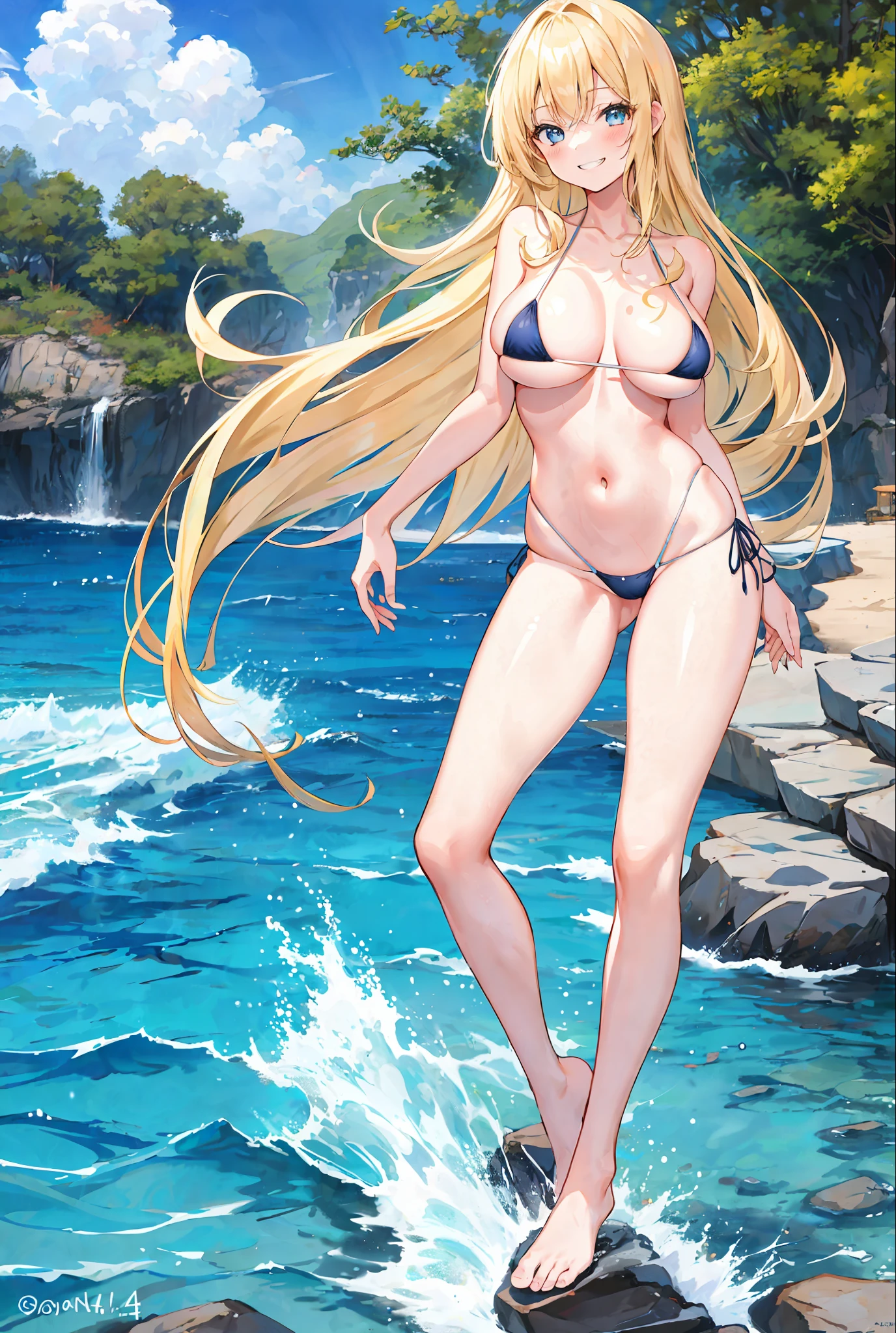 1 girl, blonde, long hair, doya face, grin, mekosuji, mature, big breasts, (micro bikini: 1.4), sea background, full body, model figure, standing, NSFW, bare feet, bare legs, bare shoulders