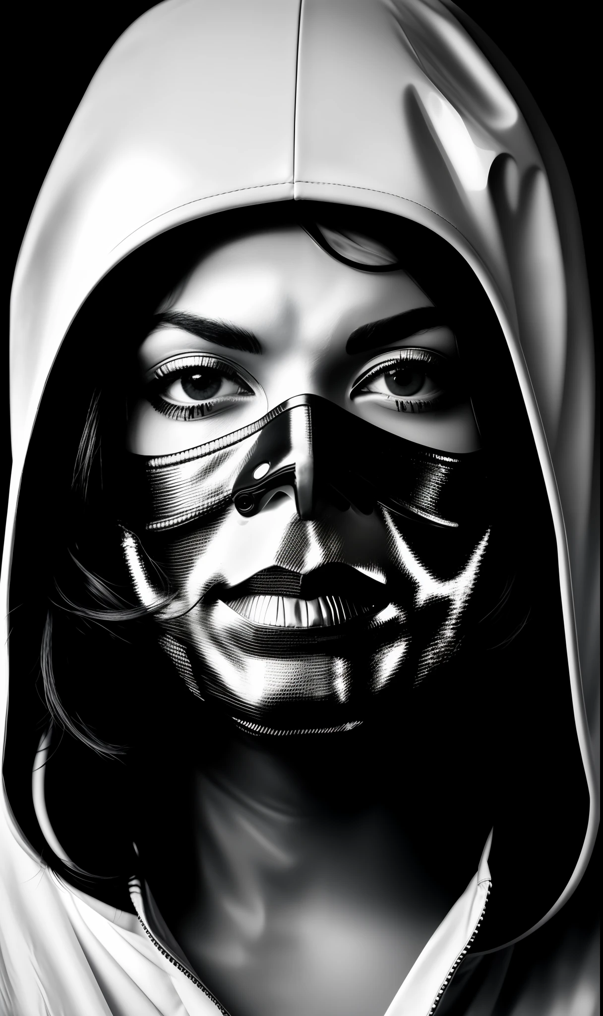 black and white photo of Michael Jackson masked frent, covering everything, without showing face in silver neon black clothes, face, half body, body, highly detailed skin with futuristic details, skin pores, coastline, dark cloudy weather black rays, wind, waves, 8k uhd, Dslr, soft lighting, high quality, film grain, Fujifilm XT3
