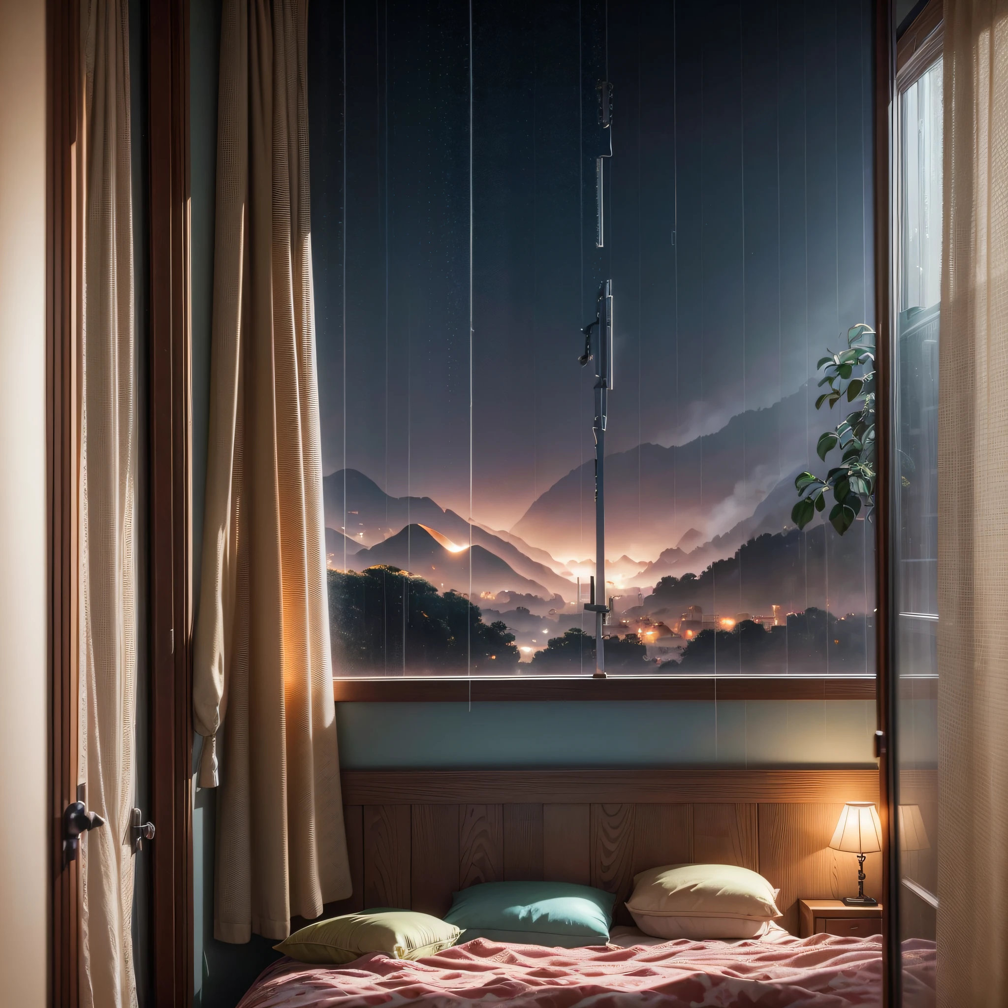 maximum quality, photorealism, 8k, film, high resolution, indoor, central view, dimly lit room with rainy afternoon outside, (rainy and foggy afternoon: 1.2), southeast pacific, (medium lighting: 1.2), (dim lighting: 0.9), plants outside, large plants, rainy, monstera, many plants outside, (foggy windows:1.2), large wooden bed with double mattress, wardrobe, nightstand, abajour, carpet, pictures on the wall, wall with light texture, masterpiece, best quality, twilight hour, (afternoon:1.4), rainy afternoon, before sunset, general plan, medium depth of field, lomography, maximum quality, beautiful, masterpiece, photorealism, 8k, realistic high resolution texture, film grain, Photographed on a Canon EOS-1D X Mark III, 120 mm lens, F/2.8, sharp focus --auto --s2