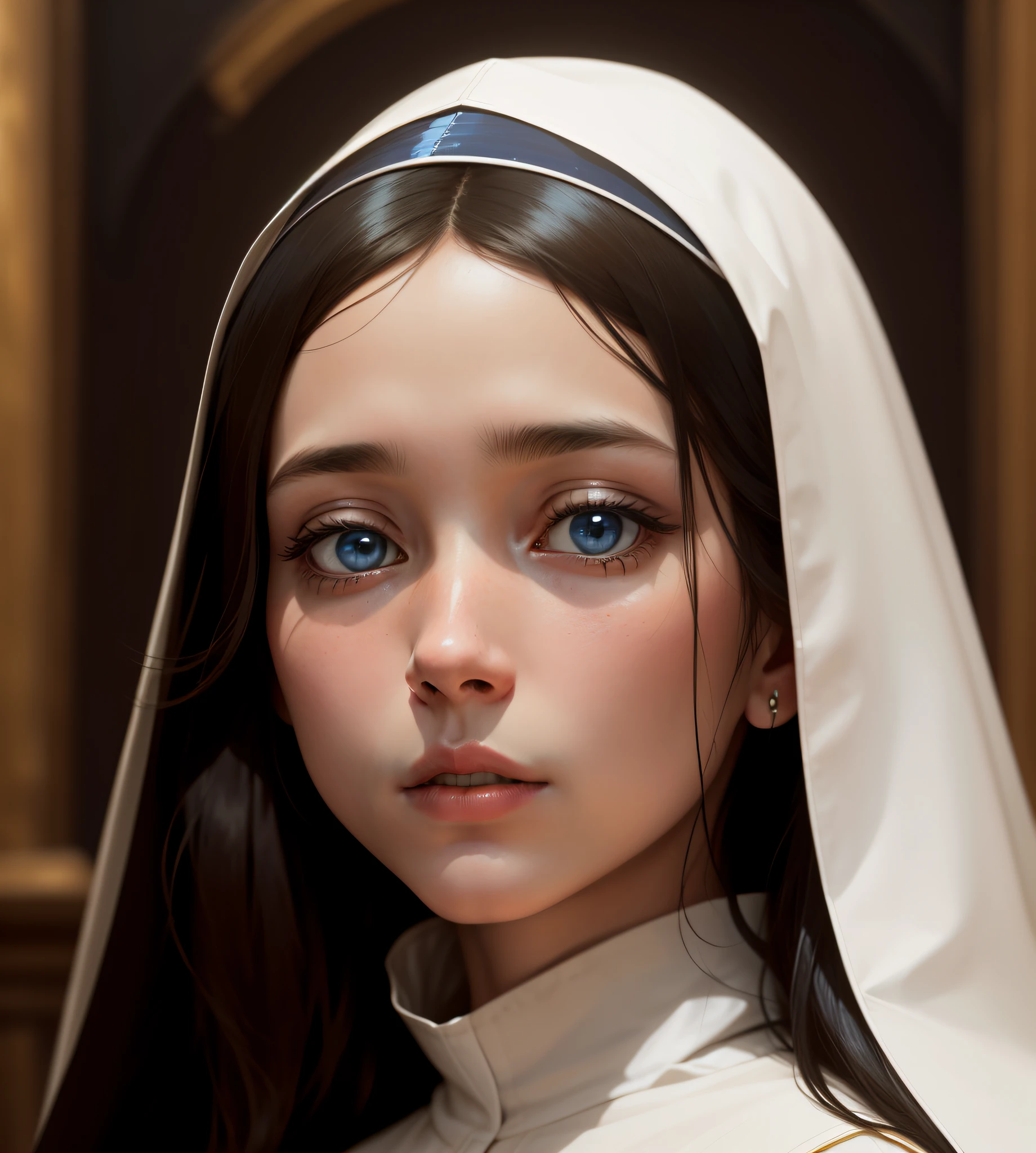 Realistic image of the Virgin Mary, with white robe on her head with blue details, white clothing, holy and serene look, black hair, --auto --s2