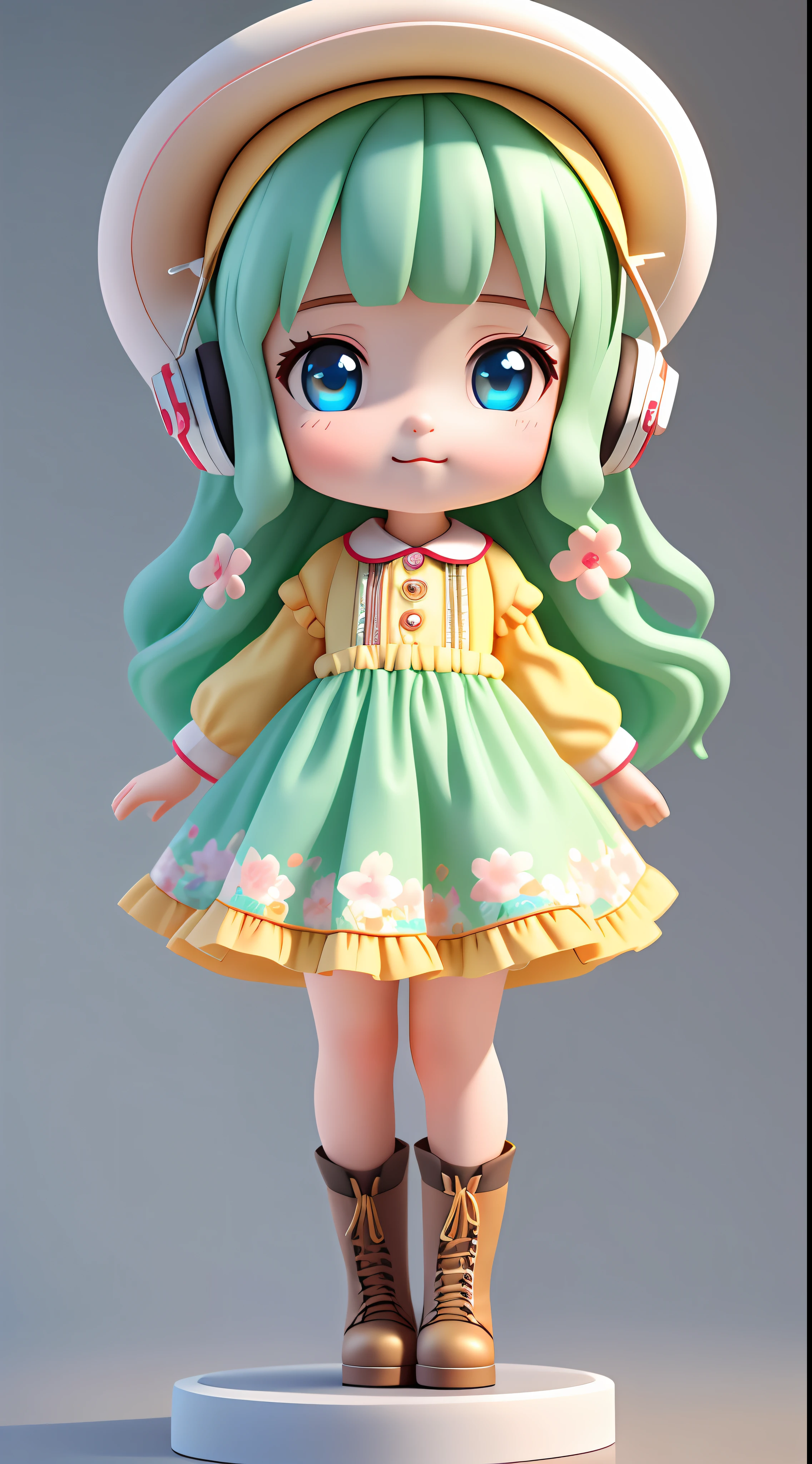 a Super cute girl ,Wearing a floral dress,Wearing boots,Wearing a hat and earphones,big watery eyes,full body,looking at viewer,open hands,MD clothing, clothing wrinkles,clean background,dreamy,excited,super cute girl IP by pop mart ,high detail ,hyper quality,Bright color,mockup blind box toy,disney style ,fine luster,3D render,oc render,best quality ,bright,front lighting,Face Shot,fine luster,ultra detoiled ,8k,