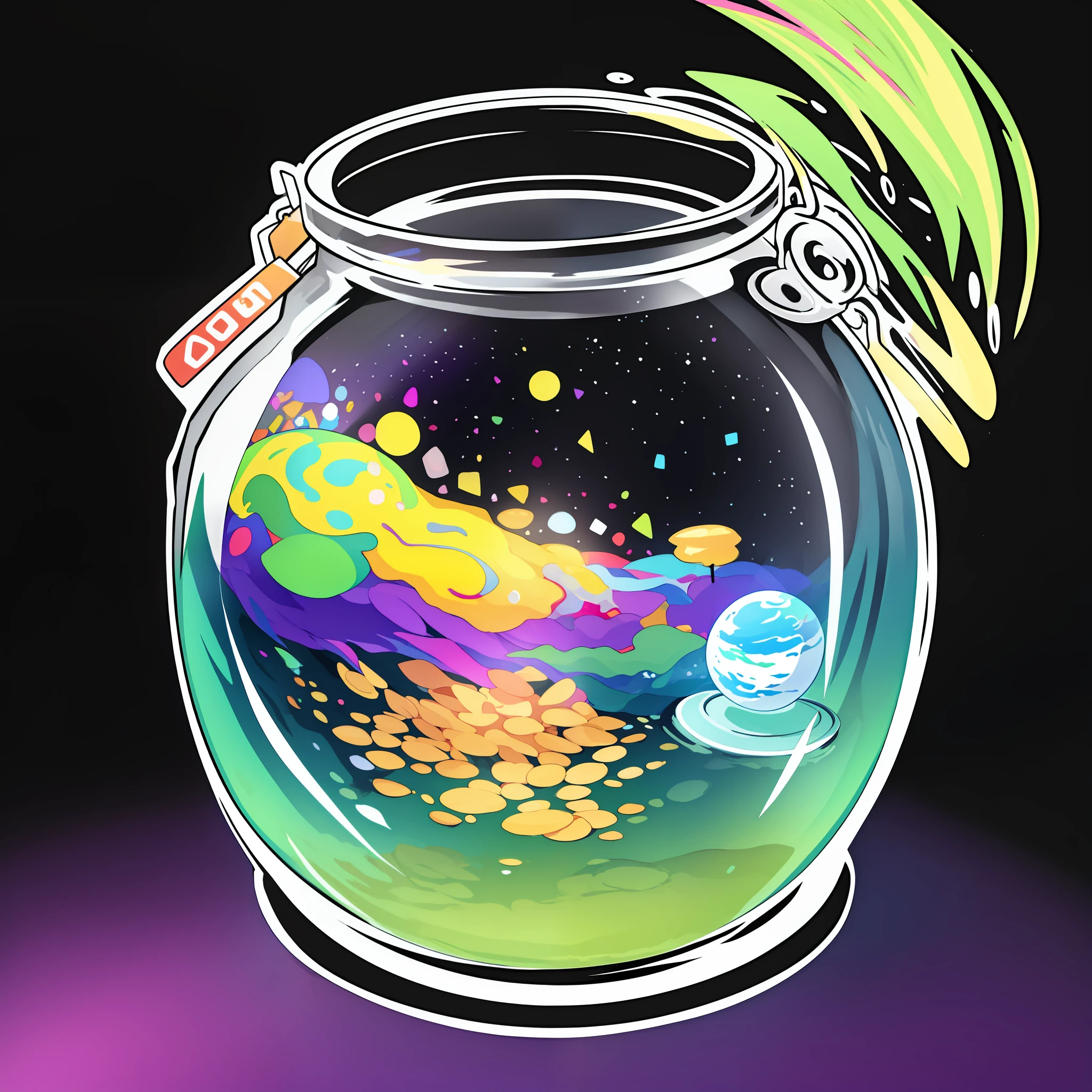 A sticker of a colorful planet in a jar: A small transparent jar containing a vibrant, colorful planet. The sticker gives the feeling of containing an entire universe inside a container, creating an aura of wonder and fascination.