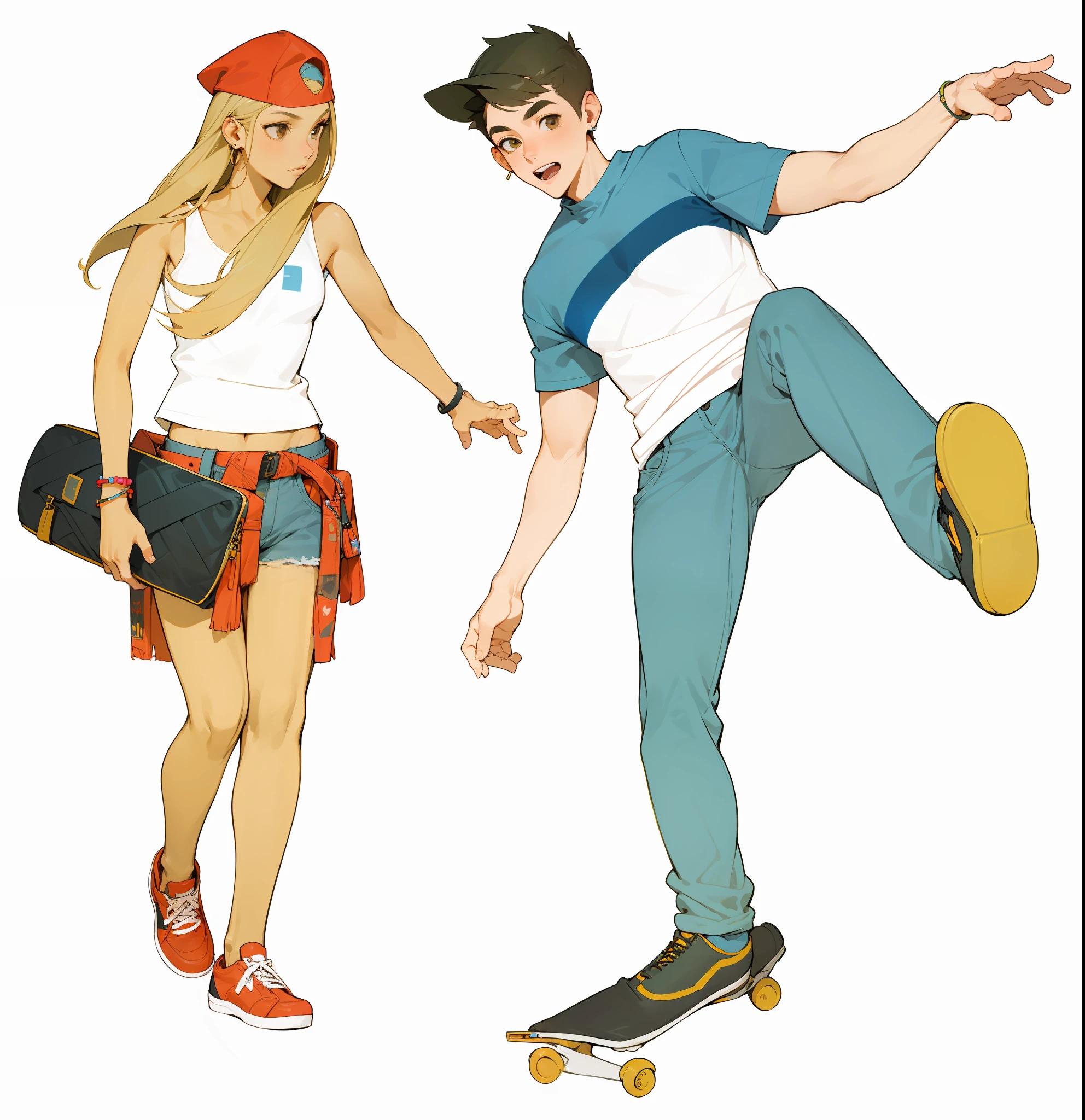 Beautiful young woman of 21 years, seen of side profile, without expression, with one hand over the ear, long and straight hair, medium blonde color, light brown eyes with makeup, tanned skin. baby look T-shirt, Cargo pants with side pockets, hoop earring, Vans brand sneakers, bracelets on the right wrist, silver watch on the left wrist, a young man of 23 years, robust jaw, short black hair, spiky cut, light brown eyes, white skin. blue t-shirt, jeans, Vans style sneakers, 3-day beard, warm colors