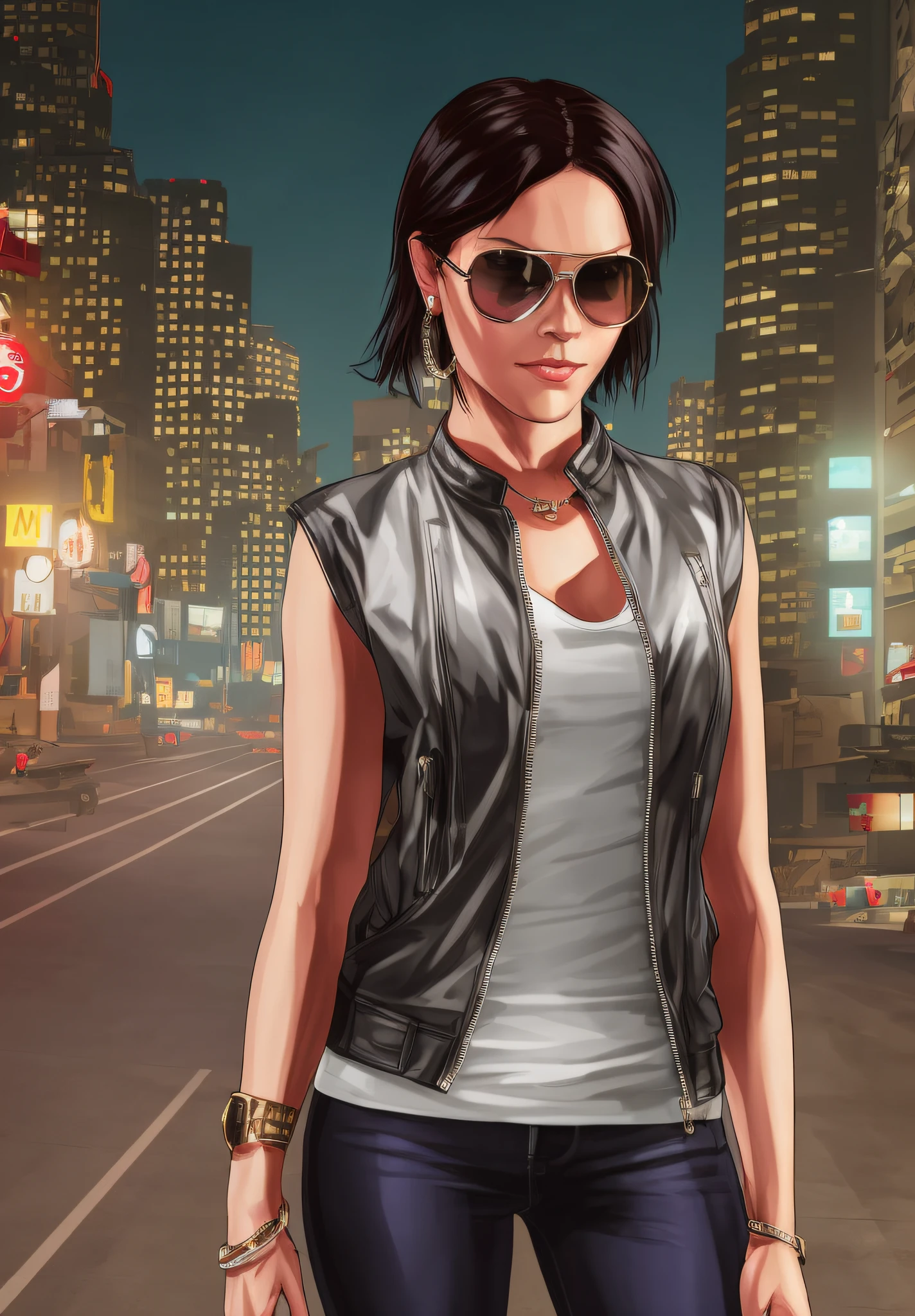 "(Mary Stuart), with GTA V 3d style, enhance 3d feminine beauty, casual clothes, direct lighting, sharp shadows, light brown eyes, short black hair, a discreet smile, urban background, a nocturnal atmosphere, 3d bokeh effect."