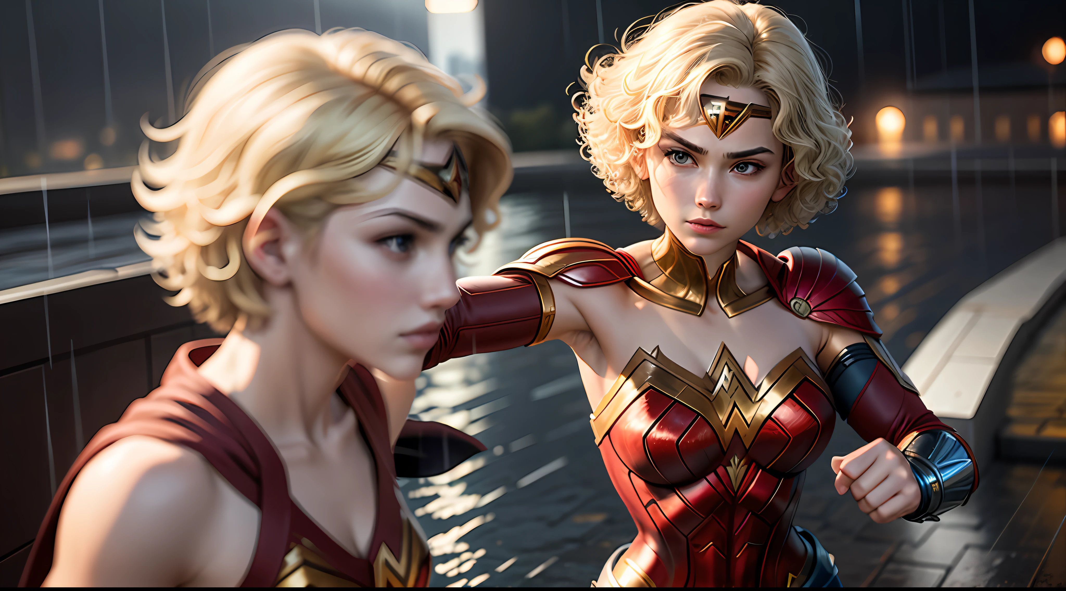 18 year old girl, Wonder Woman suit, short curly hair, blonde hair, beautiful face, rain, roof, masterpiece, exquisite details, perfect anatomy, fighting stance