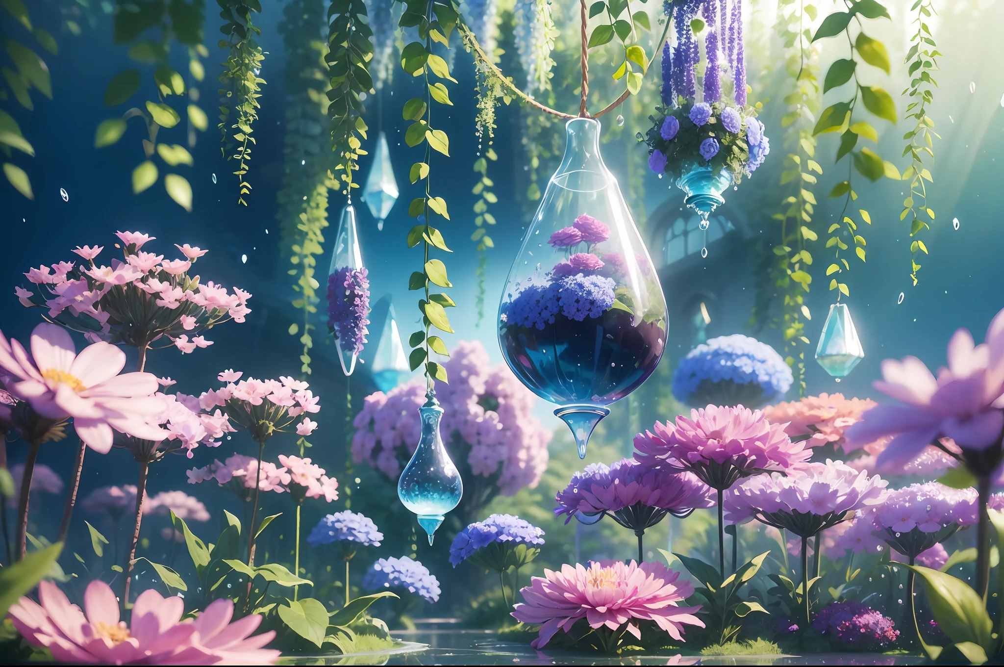 Wallpaper, fantasy hanging garden, blue sky, floating sea of flowers, colorful flowers. Crystal Fountain, HD Detail, Wet Watermark, Ultra Detail, Cinematic, Hyper Realism, Soft Light, Deep Field Focus Bokeh, Ray Tracing, Diffuse (extra fine glass reflections) and Hyper Realism --auto --s2