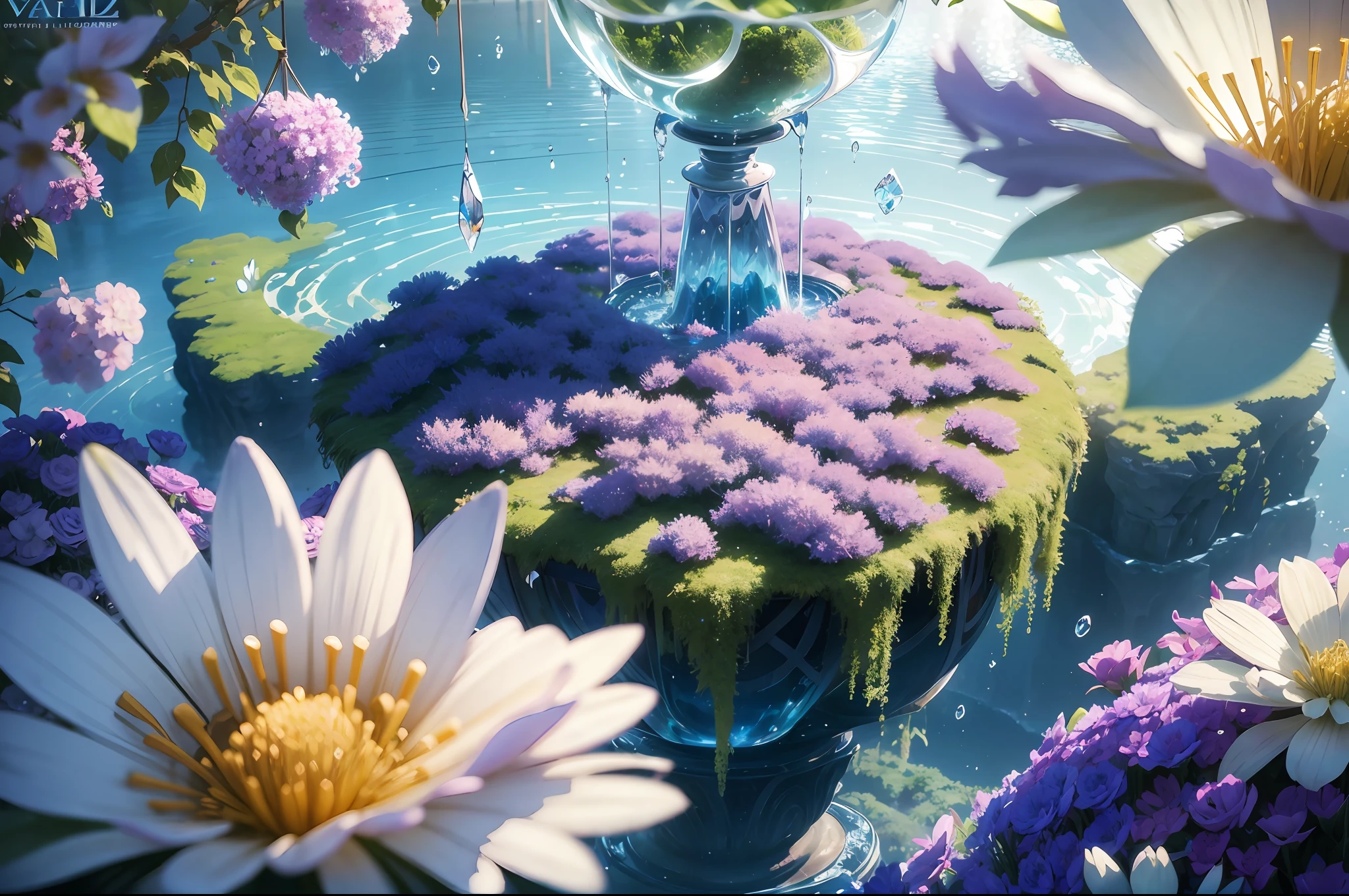 Wallpaper, fantasy hanging garden, blue sky, floating sea of flowers, colorful flowers. Crystal Fountain, HD Detail, Wet Watermark, Ultra Detail, Cinematic, Hyper Realism, Soft Light, Deep Field Focus Bokeh, Ray Tracing, Diffuse (extra fine glass reflections) and Hyper Realism --auto --s2