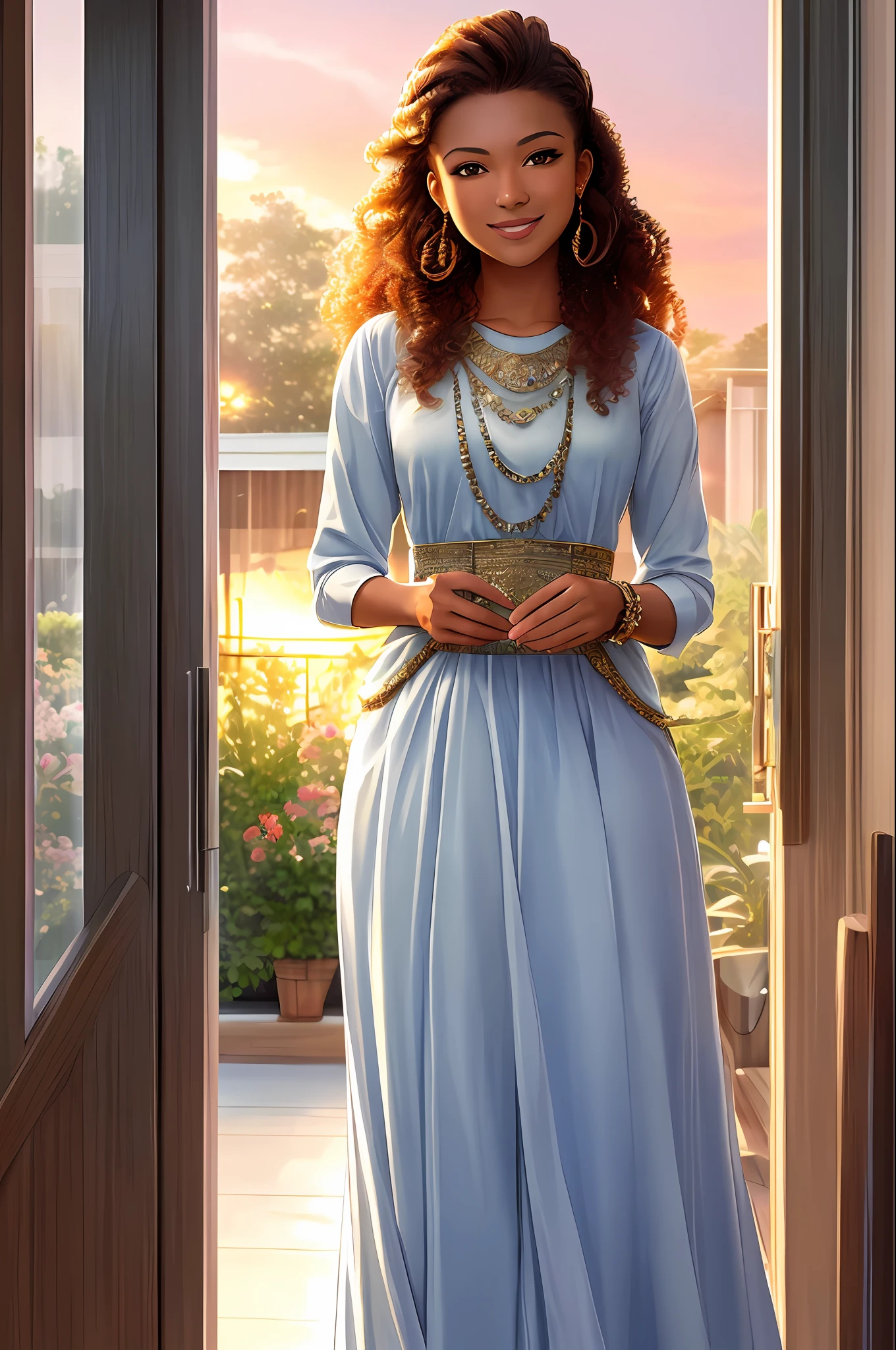 Masterpiece, highest quality, 40k, hdr, (from head to toe: 1.4), digital RAW establishing shot of a young Banyarwanda woman standing proudly, athletic, precious body and face, smiling honestly at the viewer, expensive designer clothes, curly hair adornments, discreet jewelry, garden, intricate details, at dusk, lighting of interior lamps and sunset coming from outside the frame, realistic lighting, dynamic lighting colors, hyper-realistic,flowery, cheerful environments