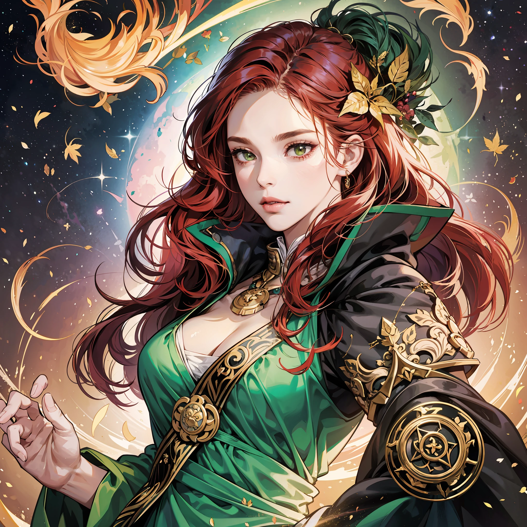 Wiccan witch, female, female, 33 years old, medium body, European, red hair, straight, runes as amulet, ultra realistic, fluttering leaves surrounds the character's body, green and black clothes with gold details, long dress, detailed face, object with the same theme, very bright and blooming totally white eyes, white, serious, UHD, super defined details --auto --s2