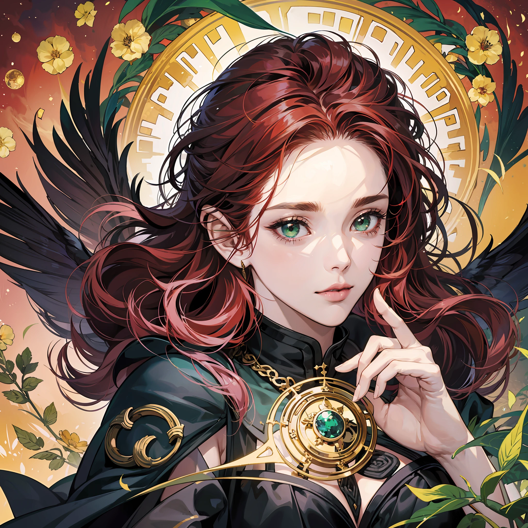 Wiccan witch, female, female, 33 years old, medium body, European, red hair, straight, runes as amulet, ultra realistic, fluttering leaves surrounds the character's body, green and black clothes with gold details, long dress, detailed face, object with the same theme, very bright and blooming totally white eyes, white, serious, UHD, super defined details --auto --s2