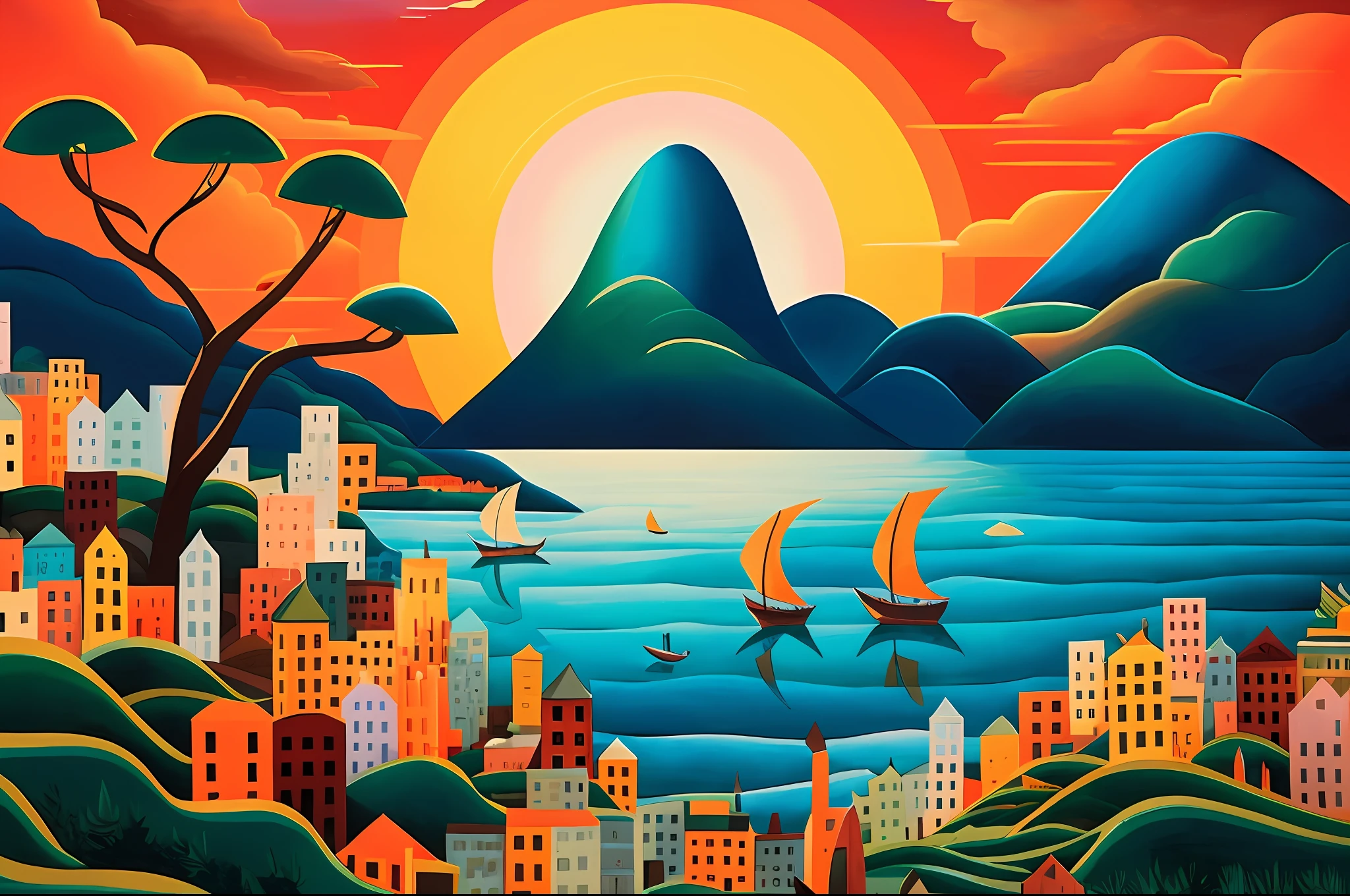 painting of a city with a mountain in the background, by Rodolfo Amoedo, by Justin Gerard, by Jason Benjamin, laurent durieux, by Bernard Accama, by Manolo Millares, by Leo Valledor, by Tom Scott RSA, by Noe Canjura, by Francis Souza, by Arturo Rivera, by Fernand Pelez