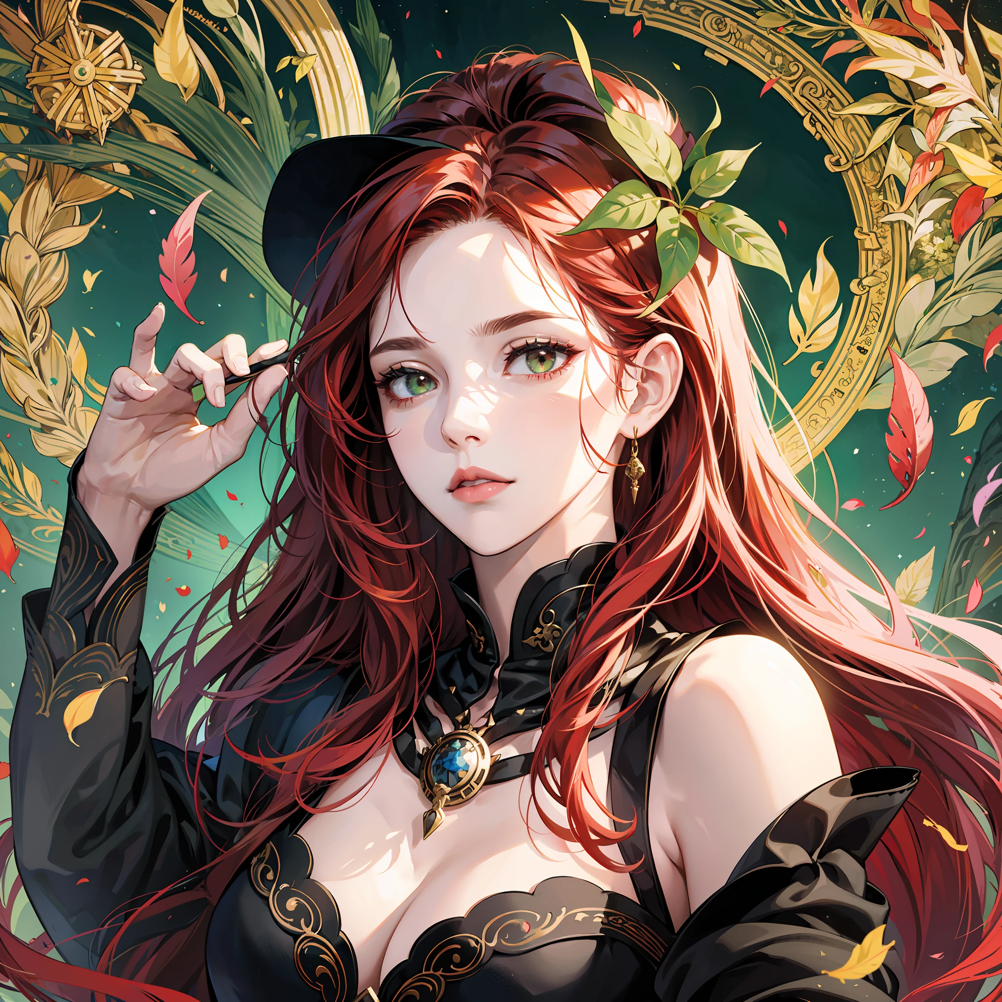 Wiccan witch, female, female, 33 years old, medium body, European, red hair, straight, runes as amulet, ultra realistic, fluttering leaves surrounds the character's body, green and black clothes with gold details, long dress, detailed face, object with the same theme, very bright and blooming totally white eyes, white, serious, UHD, super defined details --auto --s2