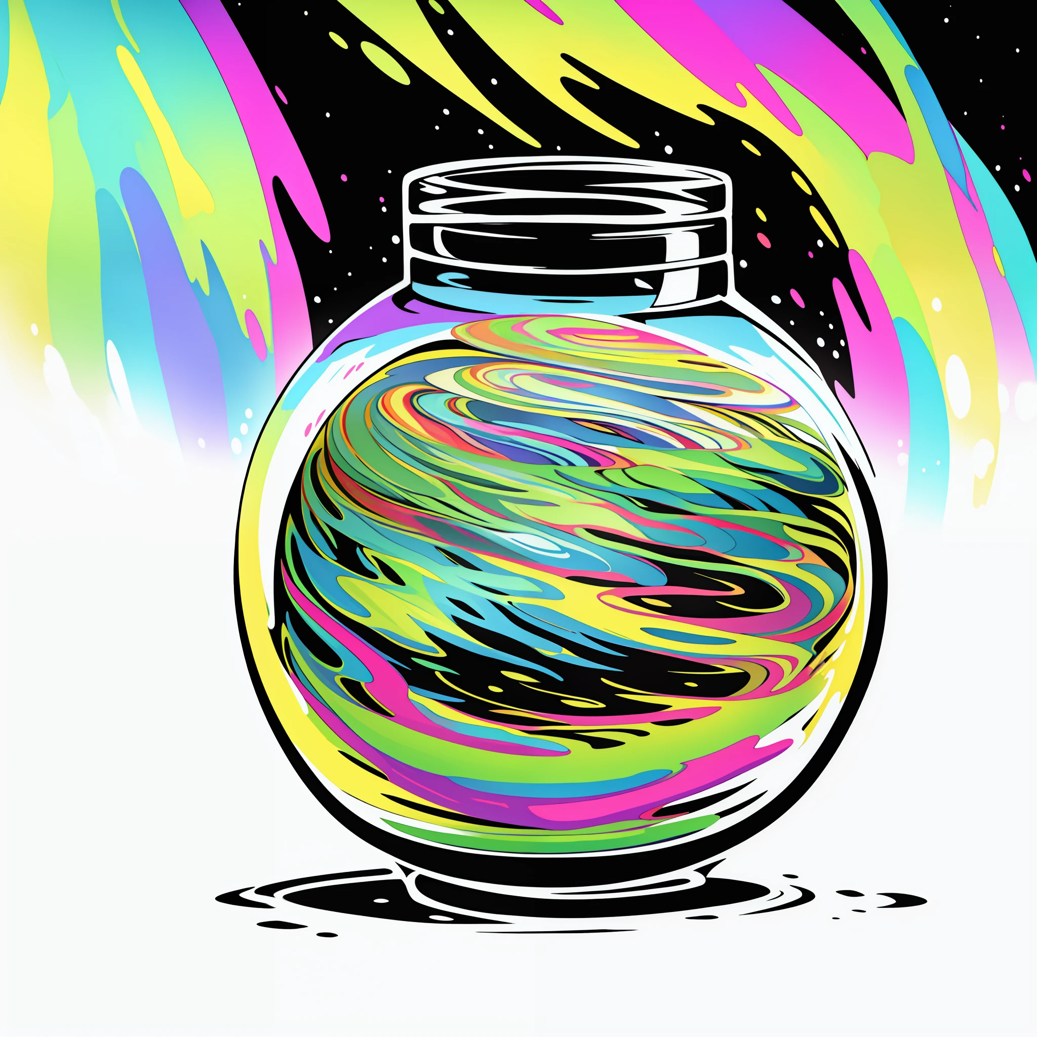 A sticker of a colorful planet in a jar: A small transparent jar containing a vibrant, colorful planet. The sticker gives the feeling of containing an entire universe inside a container, creating an aura of wonder and fascination.
