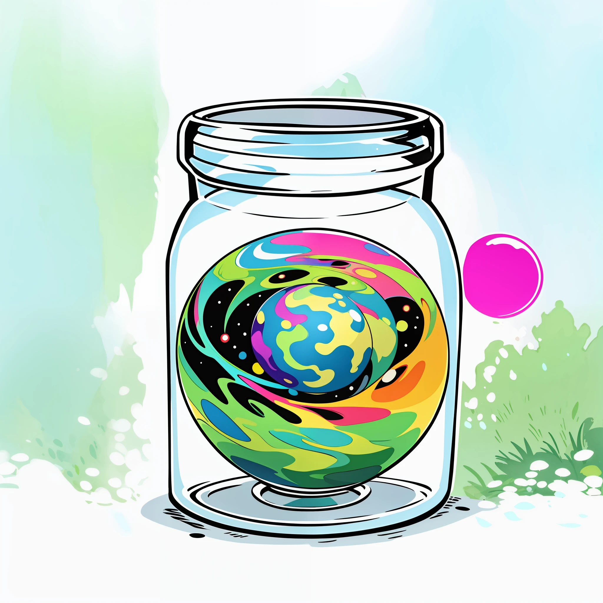 A sticker of a colorful planet in a jar: A small transparent jar containing a vibrant, colorful planet. The sticker gives the feeling of containing an entire universe inside a container, creating an aura of wonder and fascination.