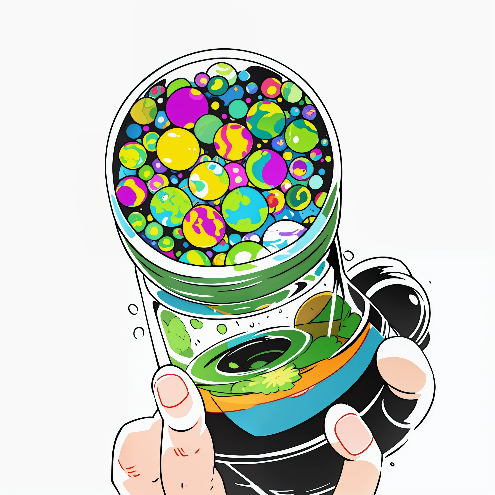 A sticker of a colorful planet in a jar: A small transparent jar containing a vibrant, colorful planet. The sticker gives the feeling of containing an entire universe inside a container, creating an aura of wonder and fascination.