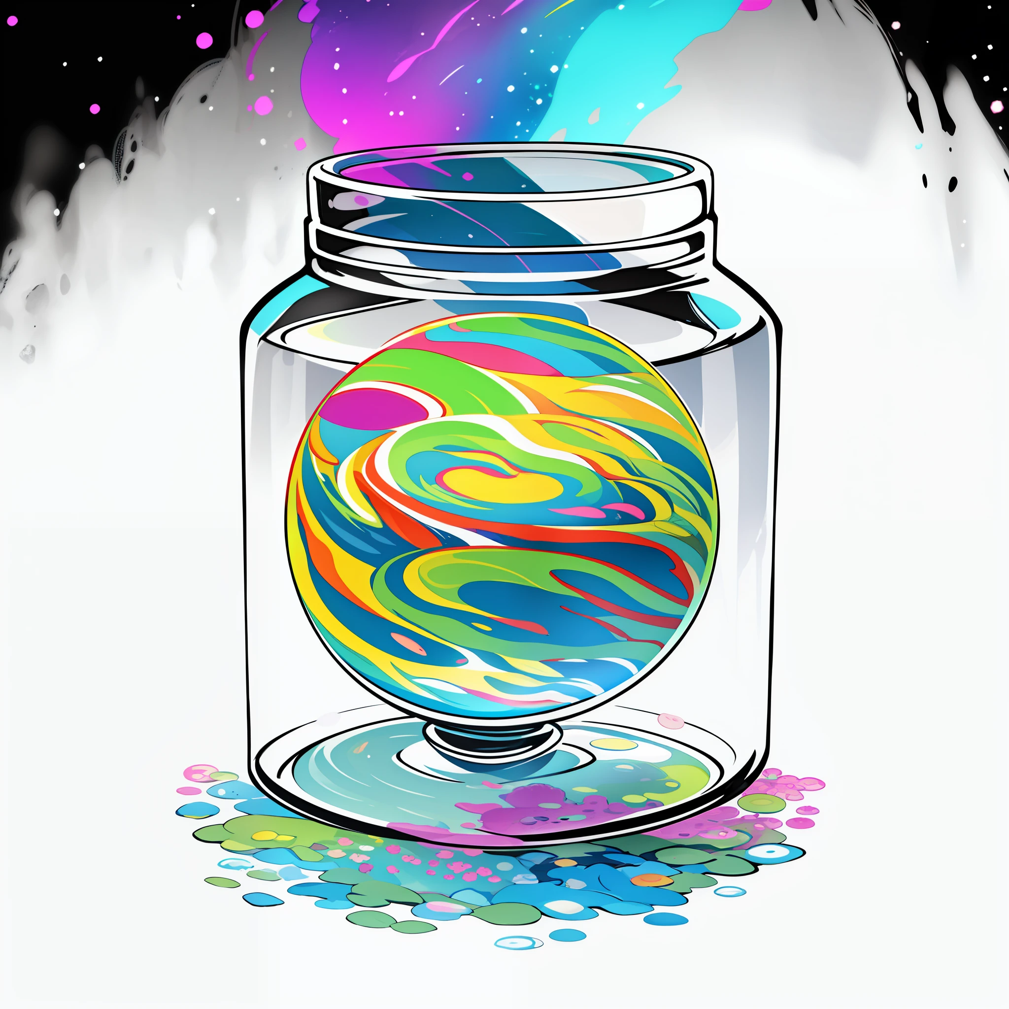 A sticker of a colorful planet in a jar: A small transparent jar containing a vibrant, colorful planet. The sticker gives the feeling of containing an entire universe inside a container, creating an aura of wonder and fascination.