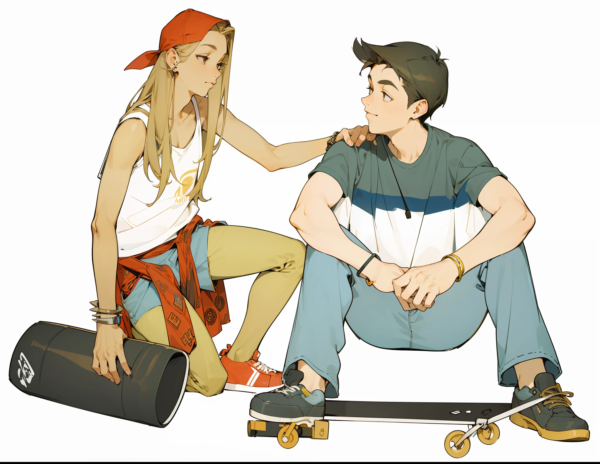 Beautiful young woman of 21 years, seen of side profile, without expression, with one hand over the ear, long and straight hair, medium blonde color, light brown eyes with makeup, tanned skin. baby look T-shirt, Cargo pants with side pockets, hoop earring, Vans brand sneakers, bracelets on the right wrist, silver watch on the left wrist, a young man of 23 years, robust jaw, short black hair, spiky cut, light brown eyes, white skin. blue t-shirt, jeans, Vans style sneakers, 3-day beard, warm colors