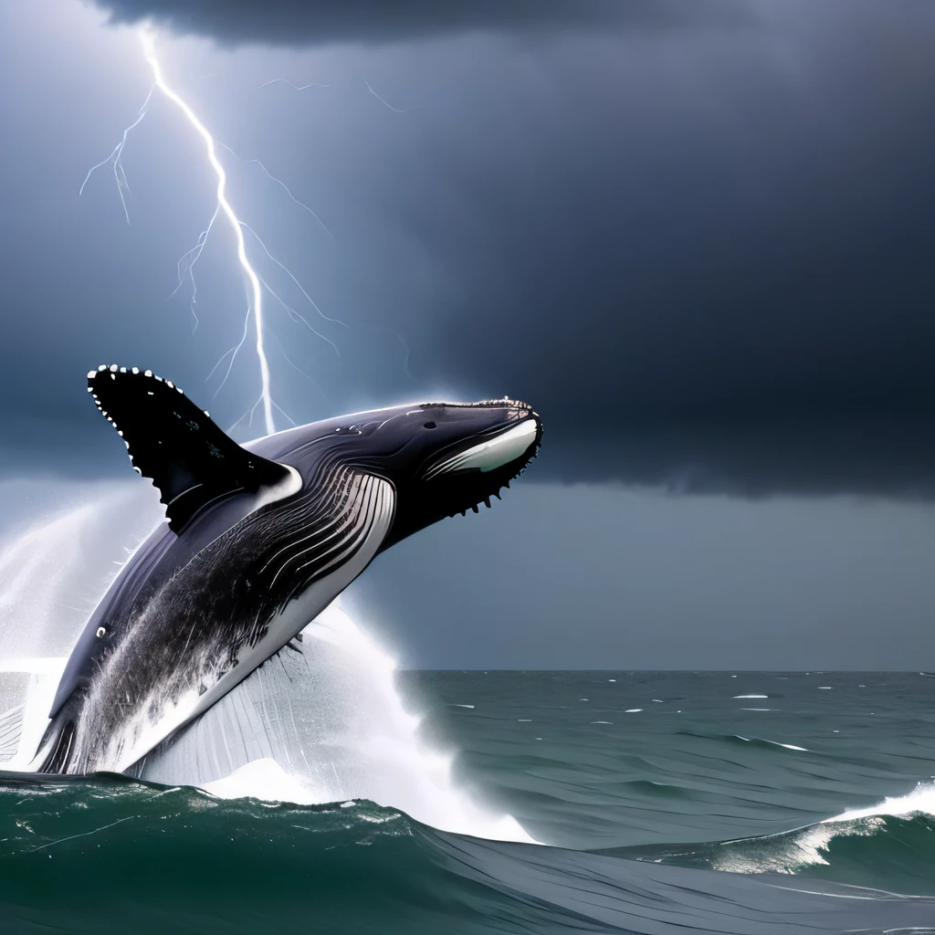 a humpback whale with sea snails on the tail, thunder storm, huge waves, 4k, photo, photography, detailed background, national geography, masterpiece, best quality, stormy night